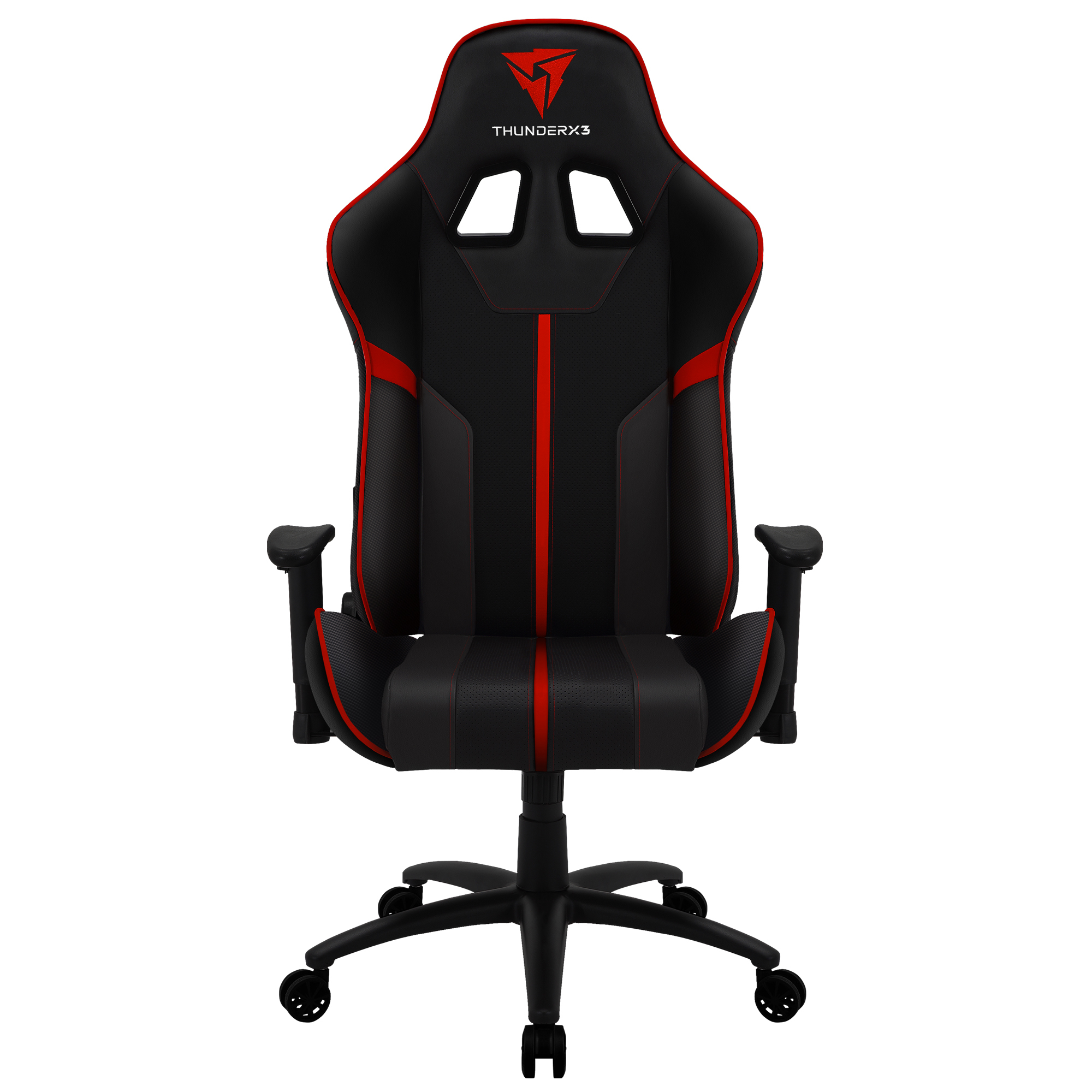 Ein schwarzer Gaming-Stuhl mit roten Akzenten und dem ThunderX3-Logo.