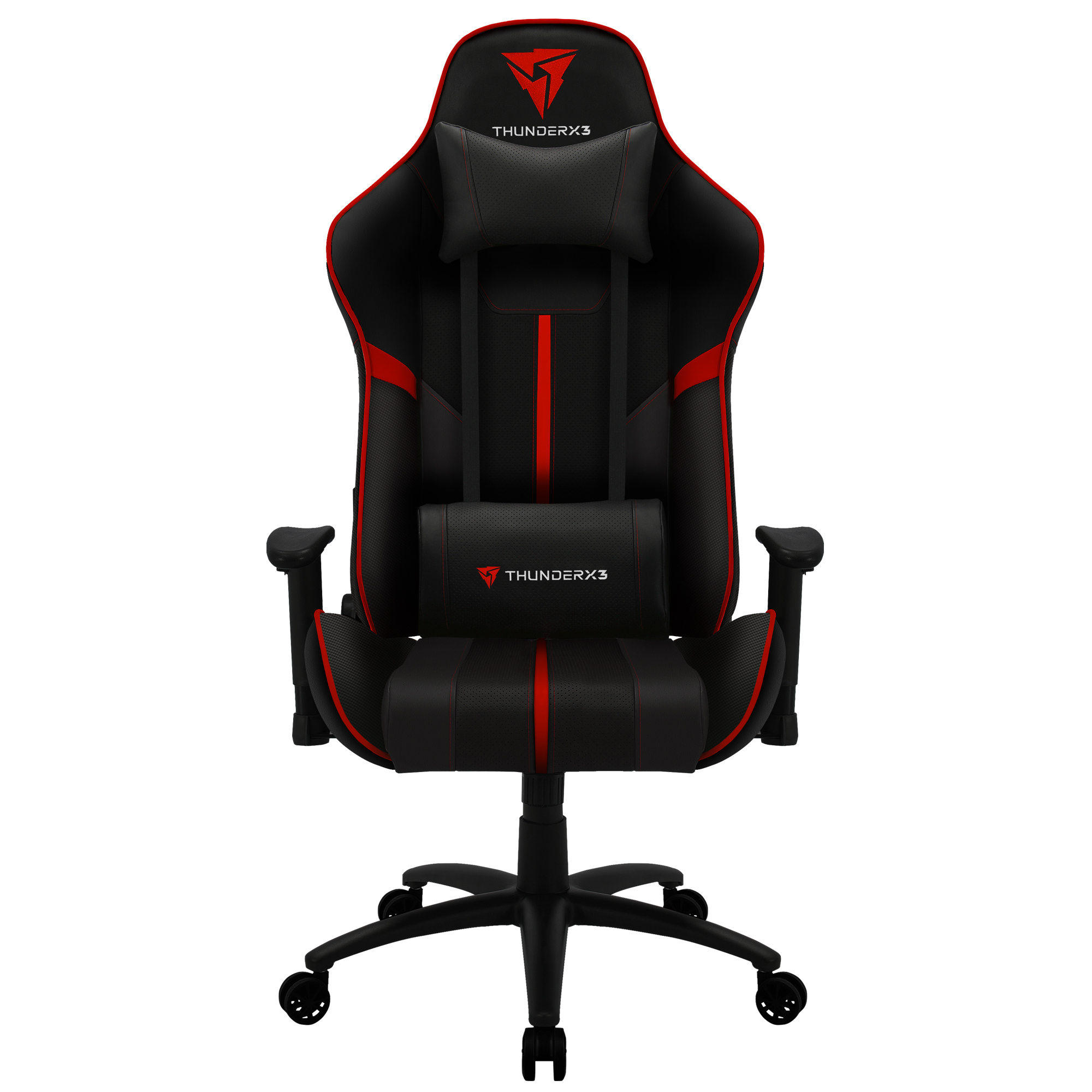Schwarzer Gaming-Stuhl mit roten Akzenten und Kopfstütze.