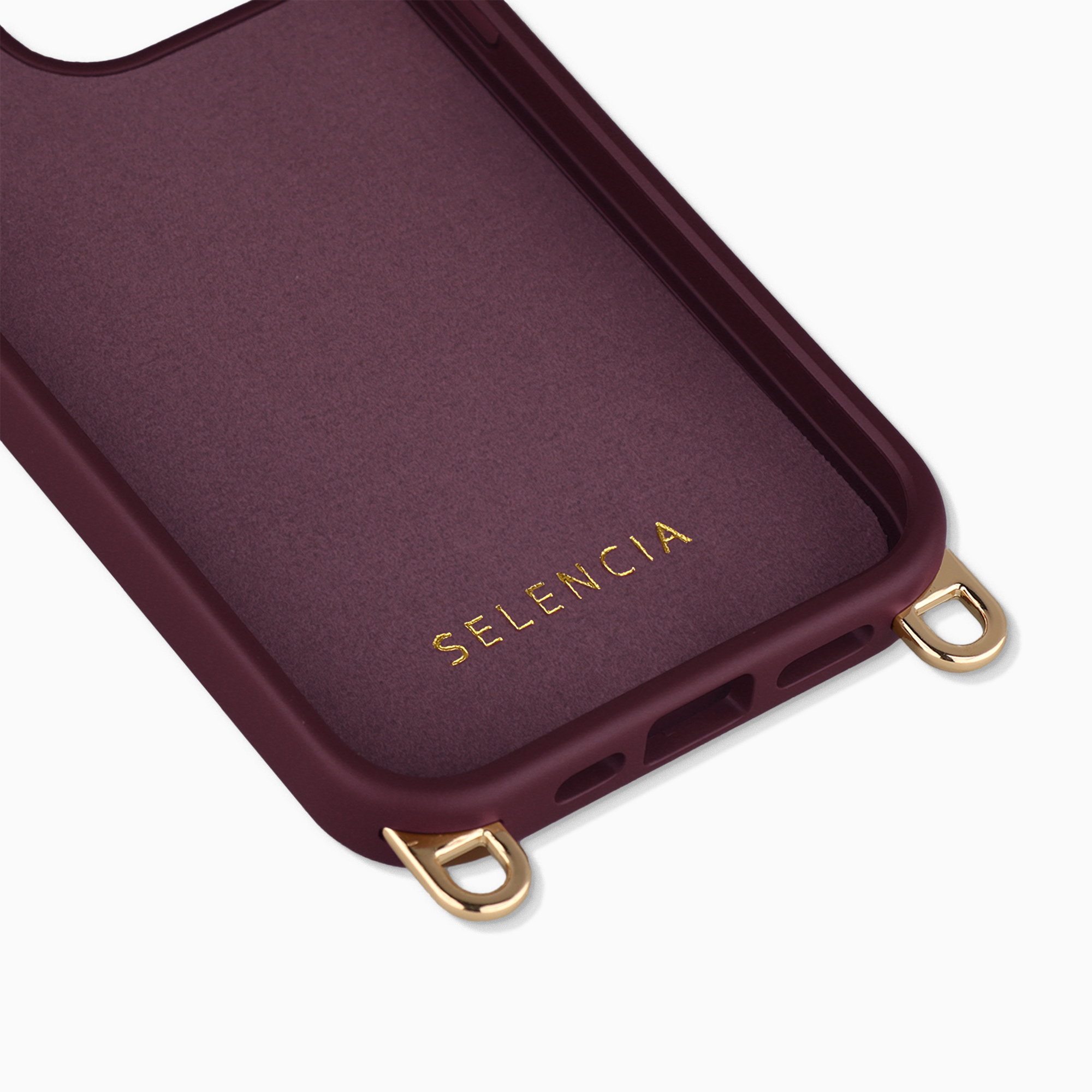 Dunkelrotes Handycover aus Leder mit goldenem 