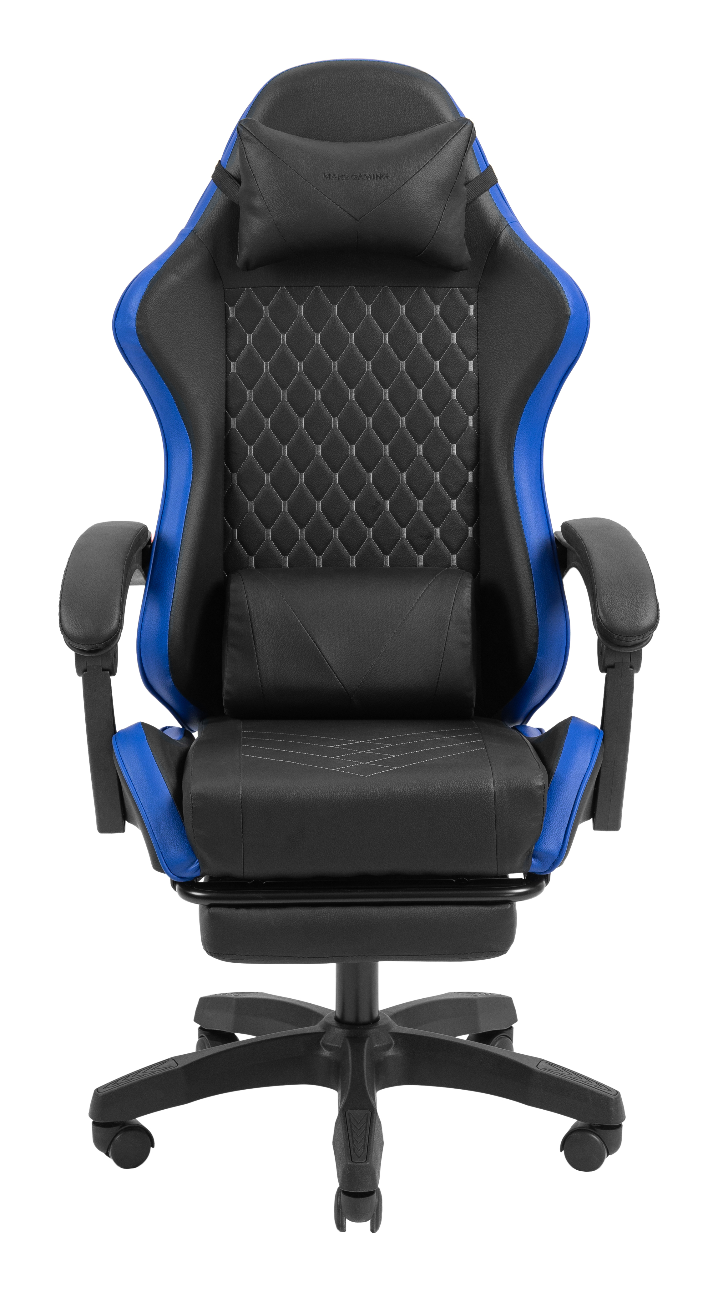 Ein schwarzer Gaming-Stuhl mit blauen Akzenten und verstellbaren Armlehnen.