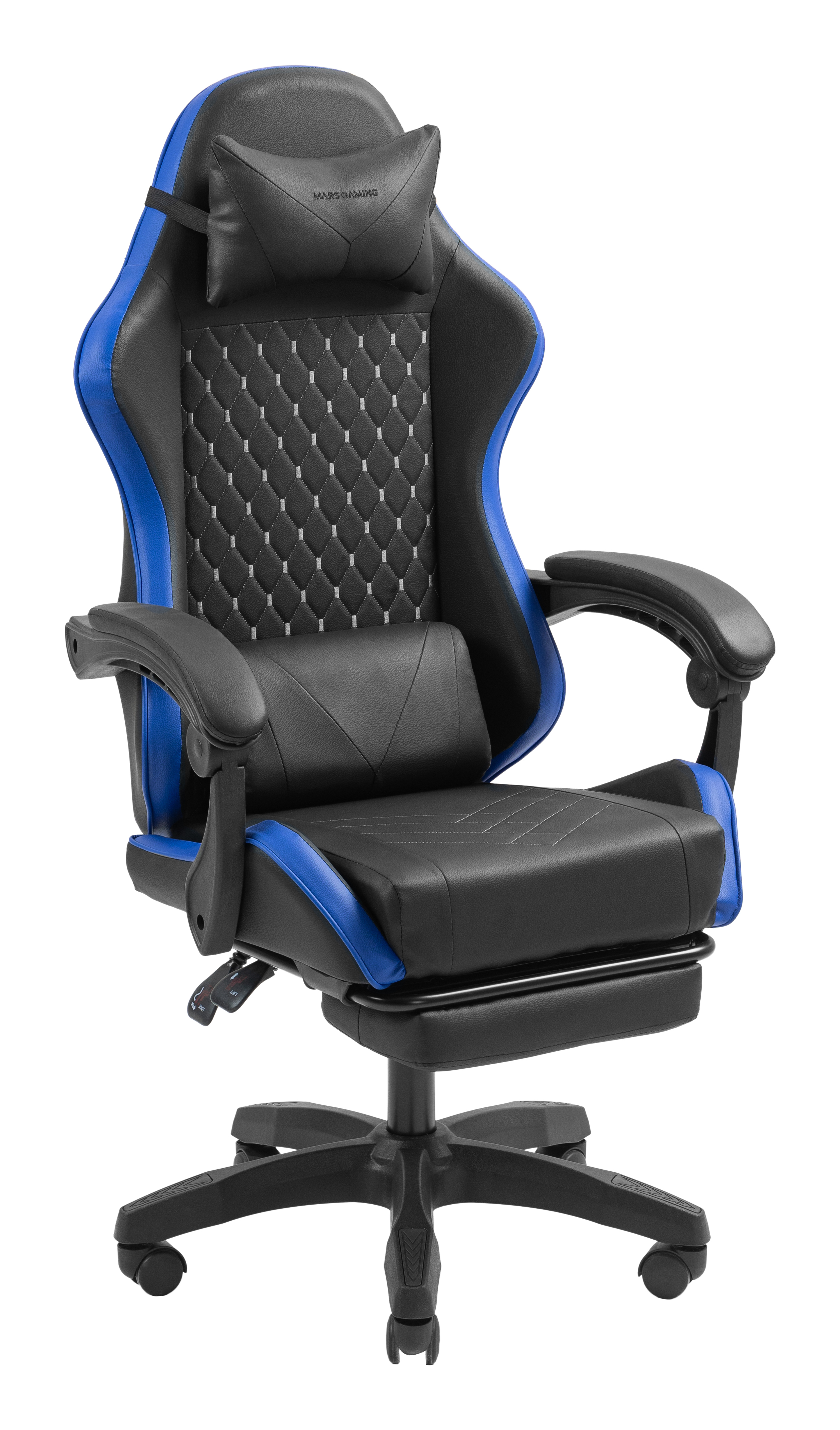 Ein schwarzer Gaming-Stuhl mit blauen Akzenten und Lendenkissen.