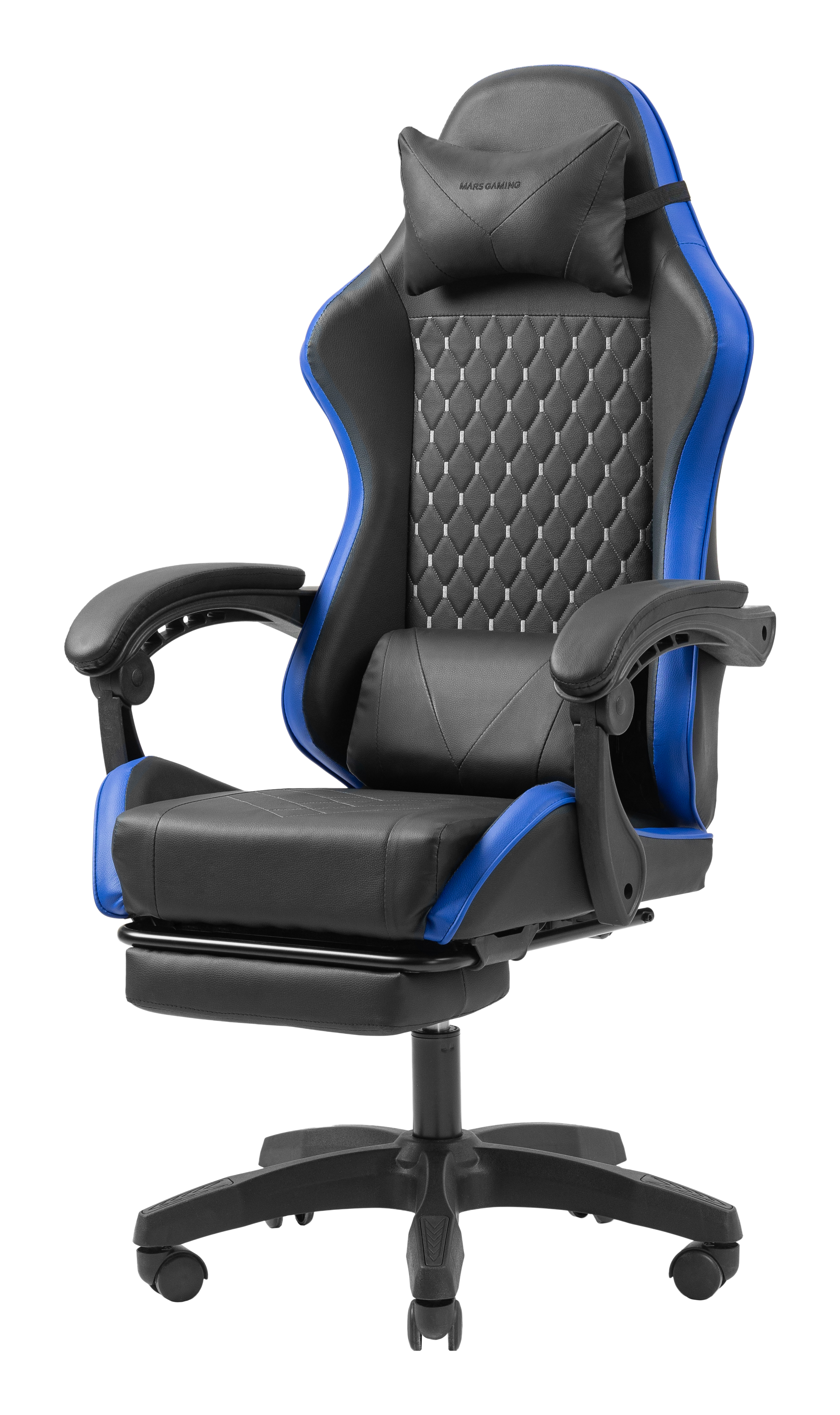 Schwarzer Gamingstuhl mit blauen Akzenten, verstellbarem Kopfpolster und Fußstütze.