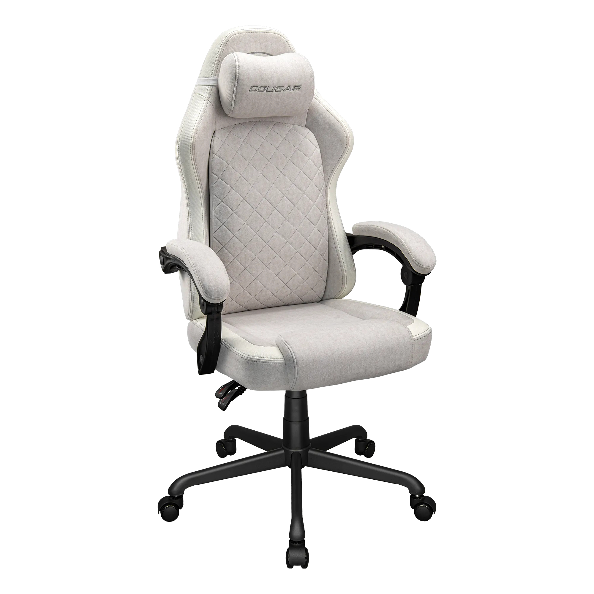 Ein heller Gaming-Stuhl mit grauem Stoff, gesteppter Rückenlehne und Kopfstütze.