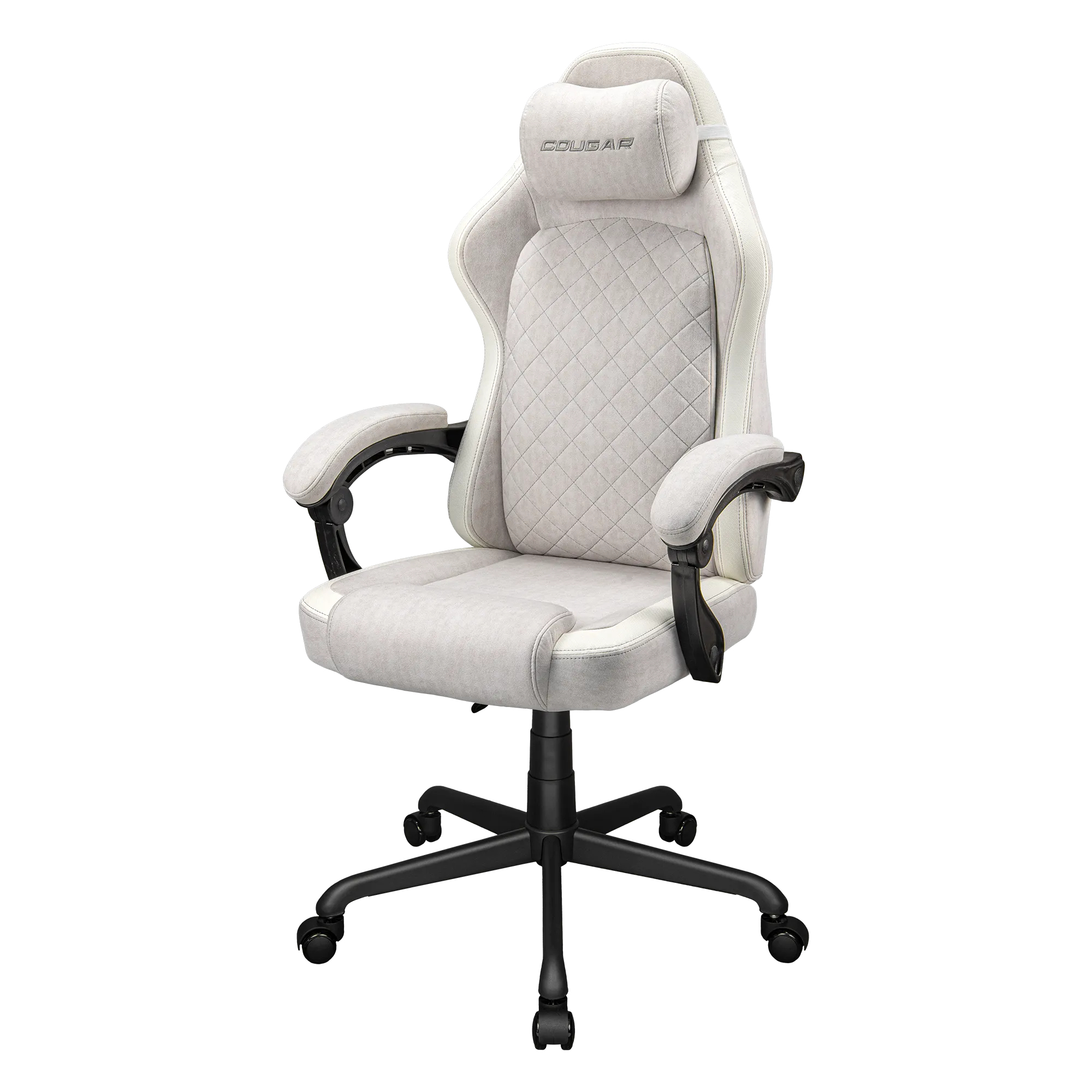 Ein heller, gepolsterter Gaming-Stuhl mit schwarzem Sternfuß und Rollen.