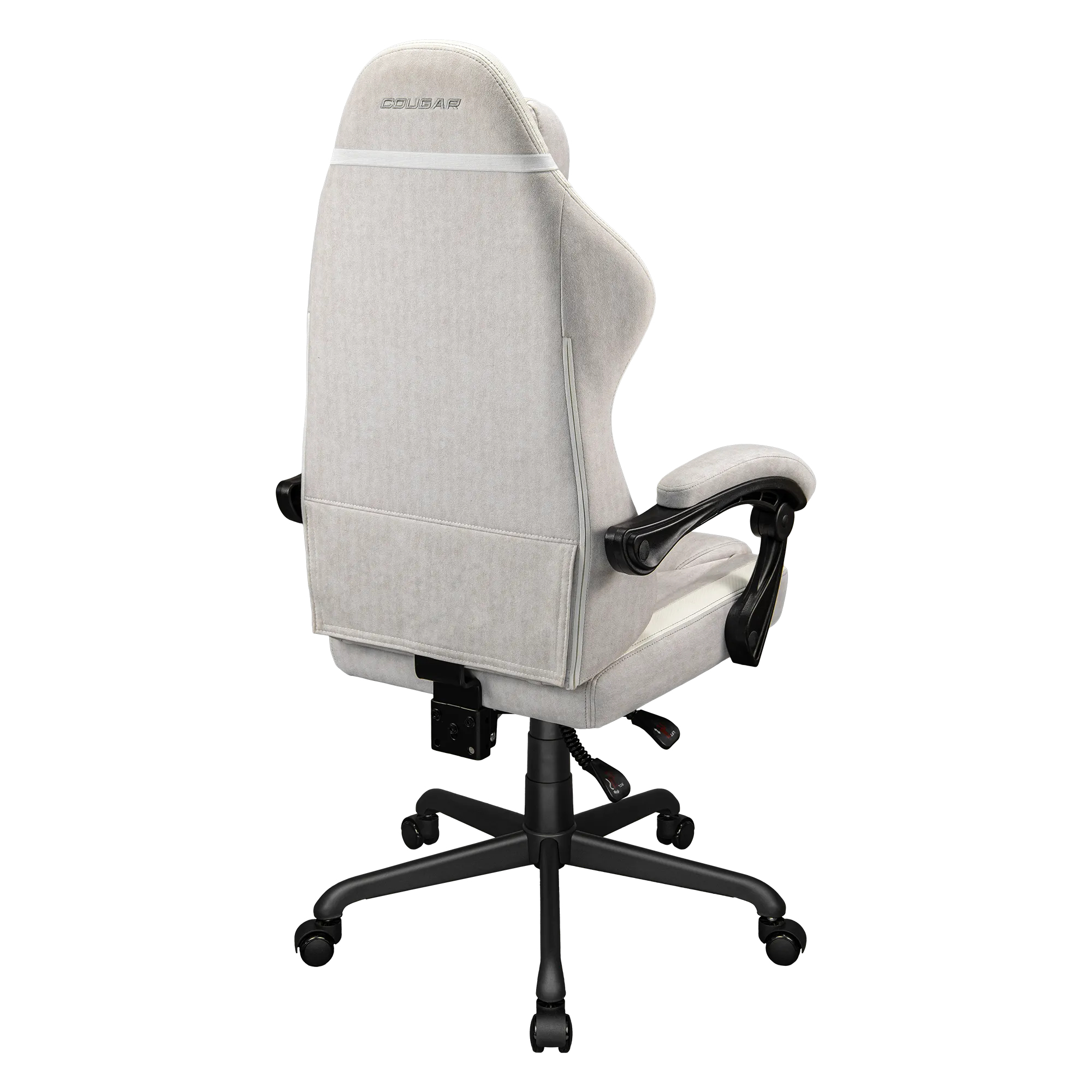 Grauer Gaming-Stuhl mit schwarzem Untergestell und Rollen.