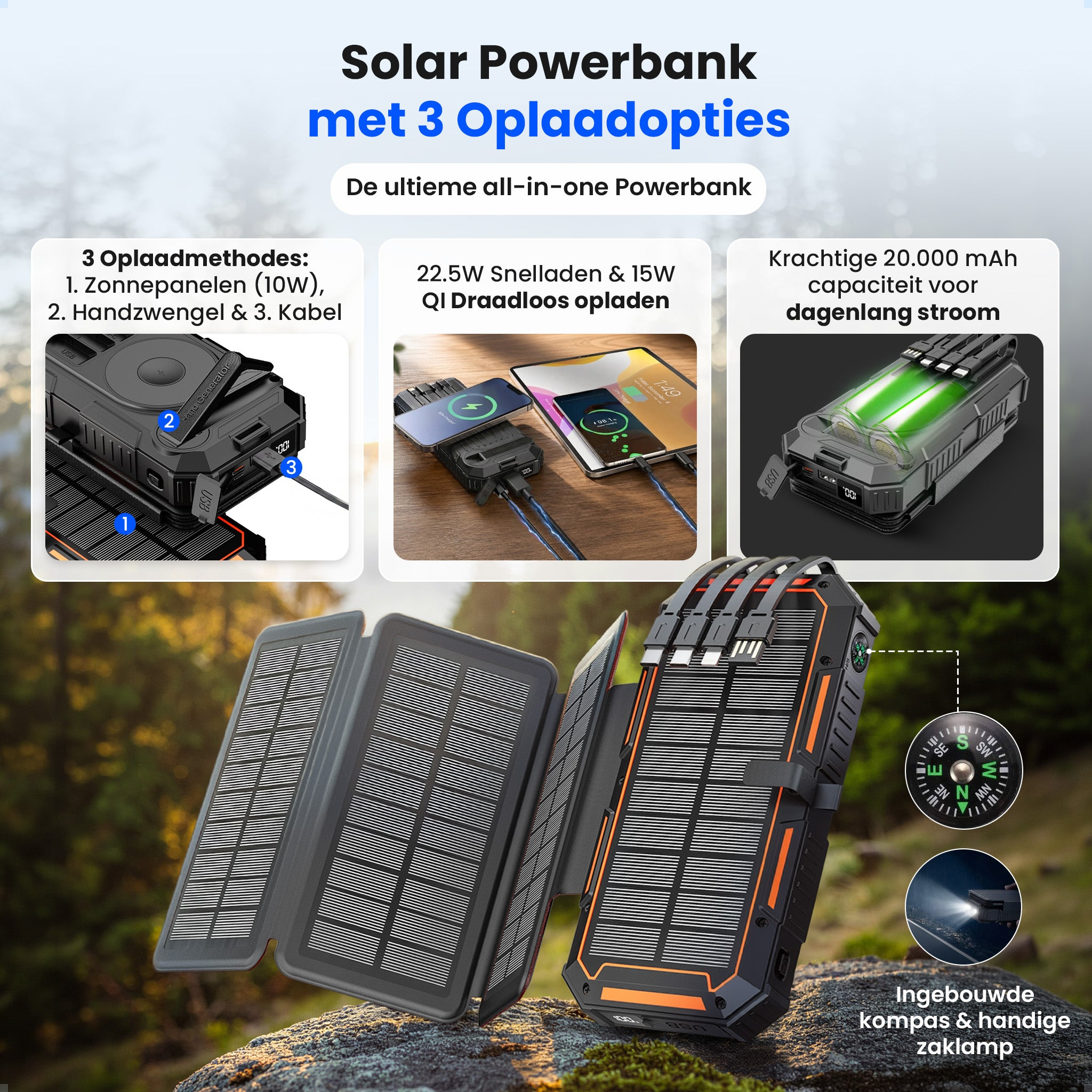 Batterie externe solaire avec 3 options de charge, plusieurs appareils et boussole.
