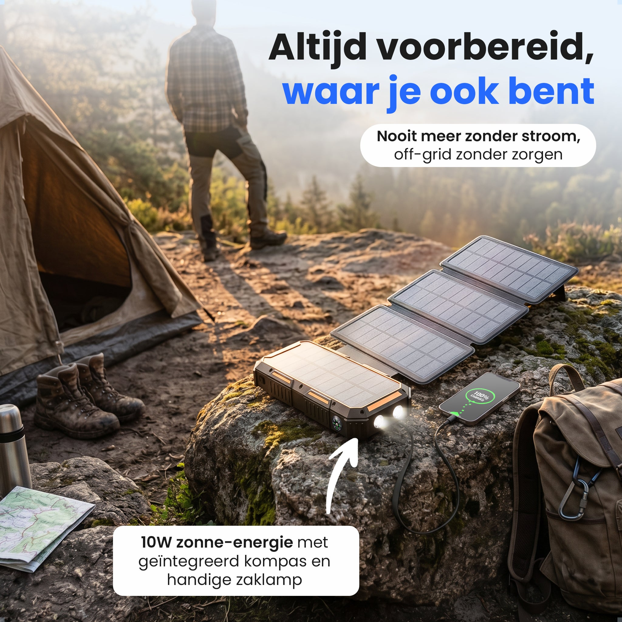 Un chargeur solaire, un téléphone, un sac à dos et une tente en extérieur.