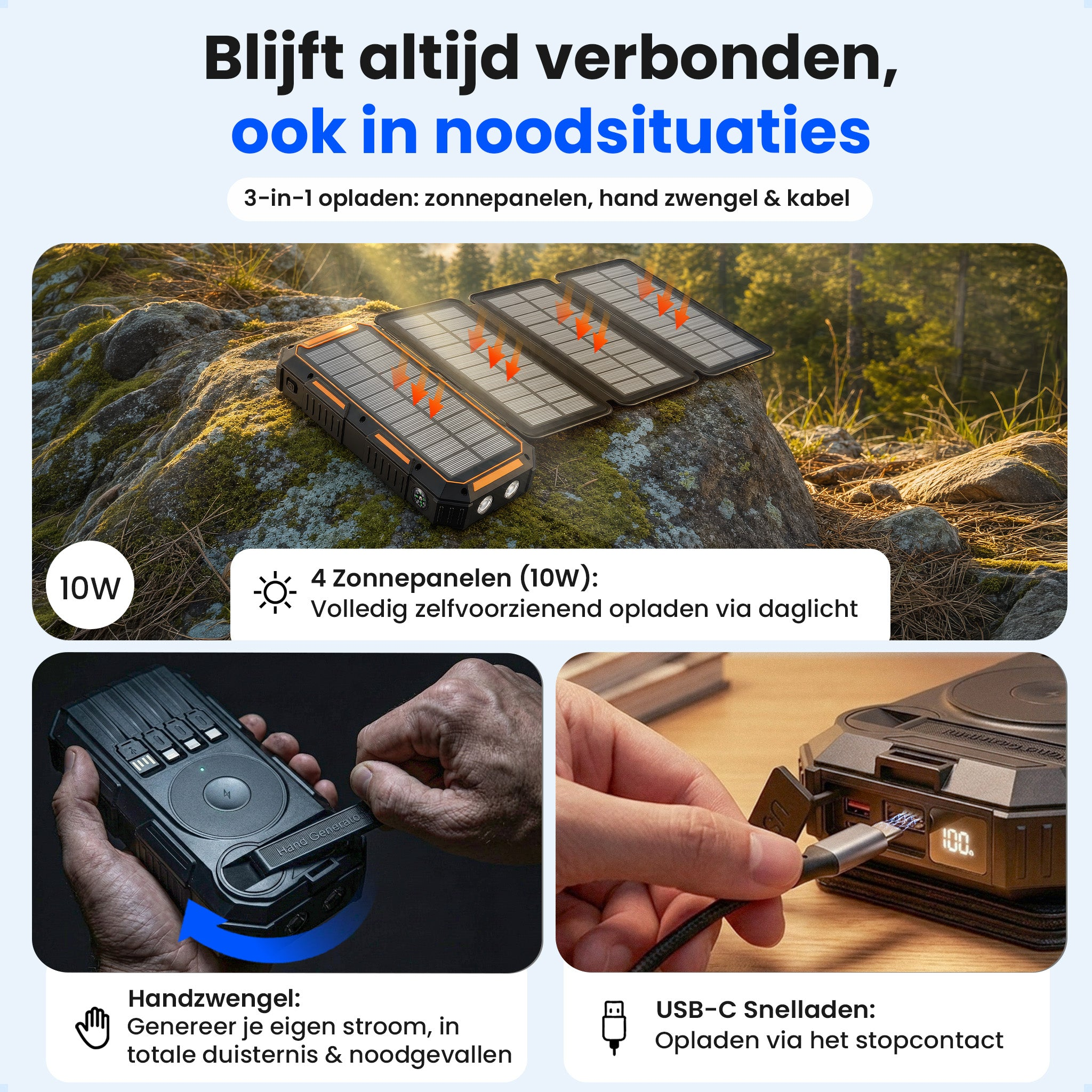 Batterie externe avec panneaux solaires, manivelle et USB-C. Extérieur et chargement.