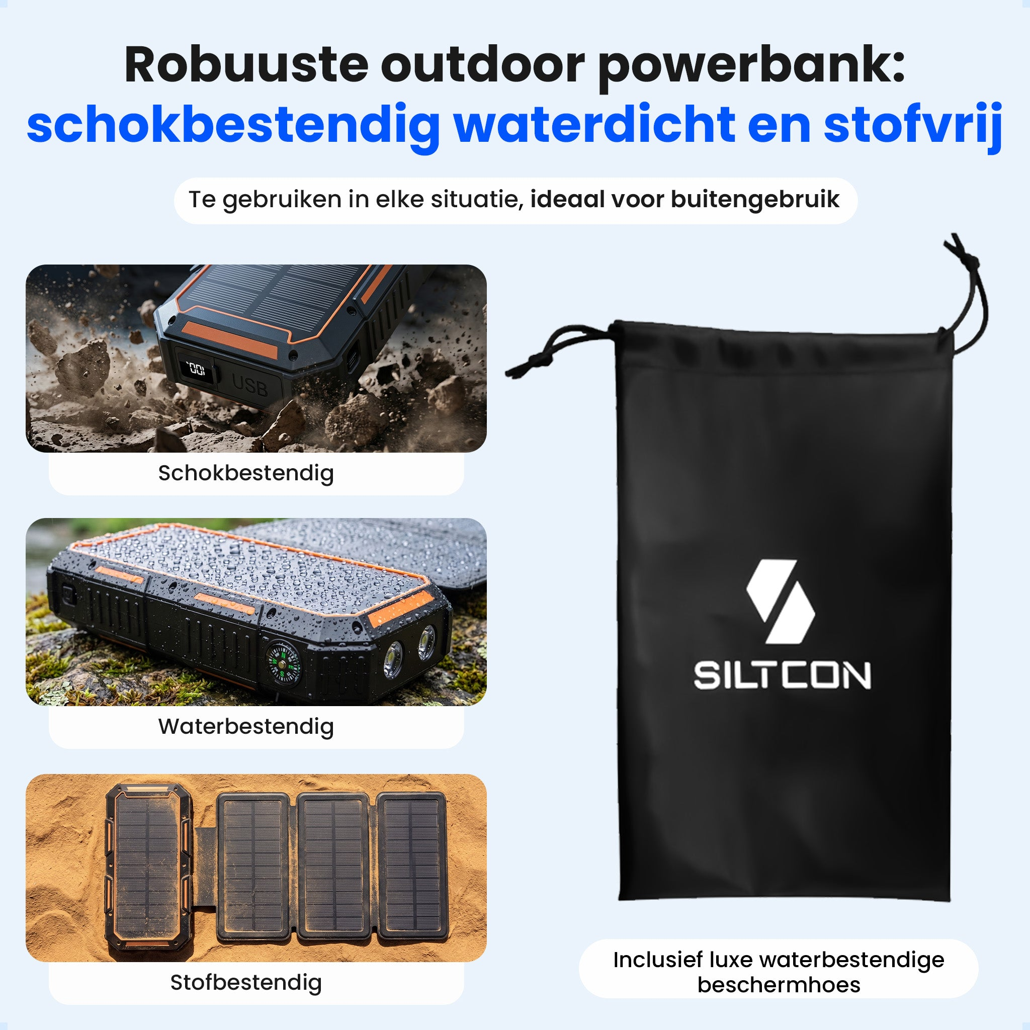 Batterie externe robuste : antichoc, étanche, anti-poussière avec pochette.