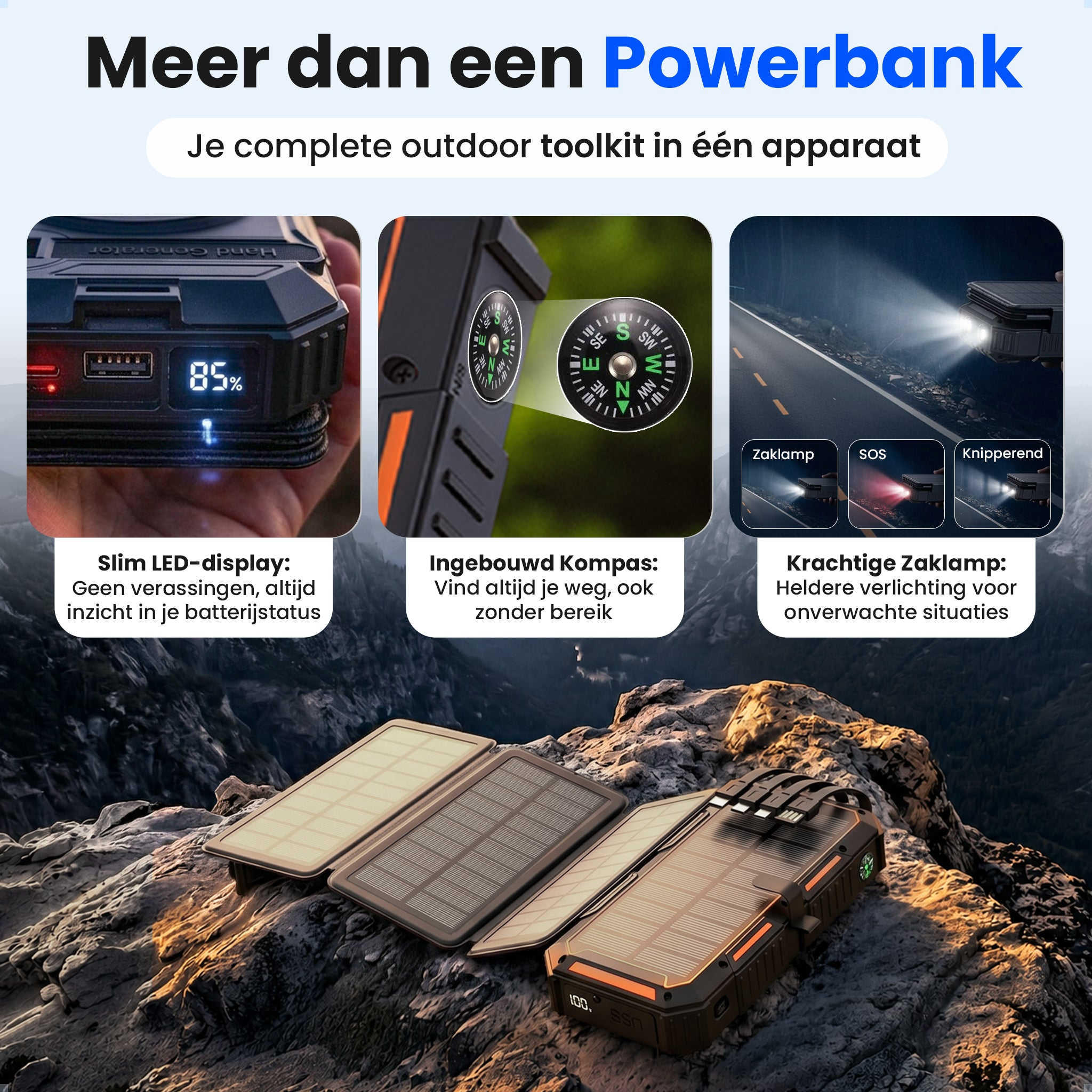 Powerbank avec écran LED, boussole, lampe de poche et panneaux solaires sur terrain rocheux.