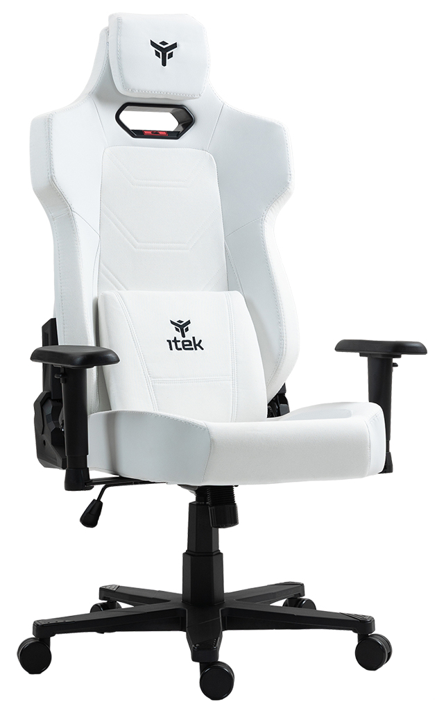 Una sedia da gaming bianca con base e ruote nere.