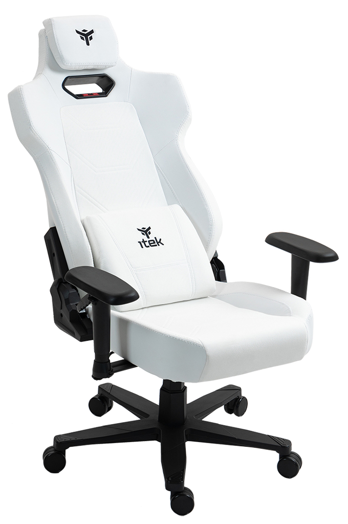 Una sedia da gaming bianca con base e ruote nere.