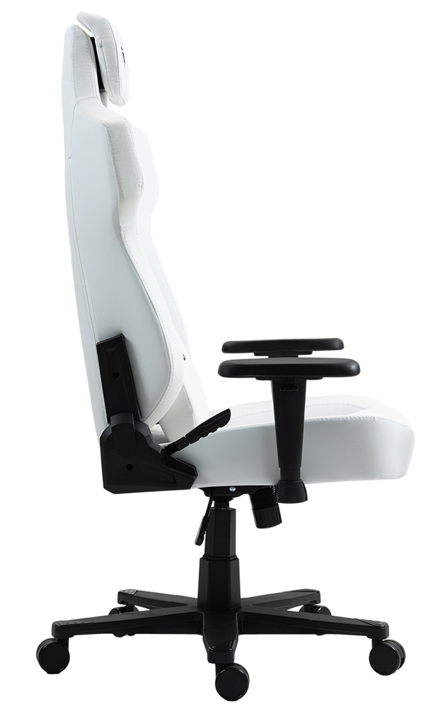 Una sedia da gaming bianca con accenti neri, vista di lato.