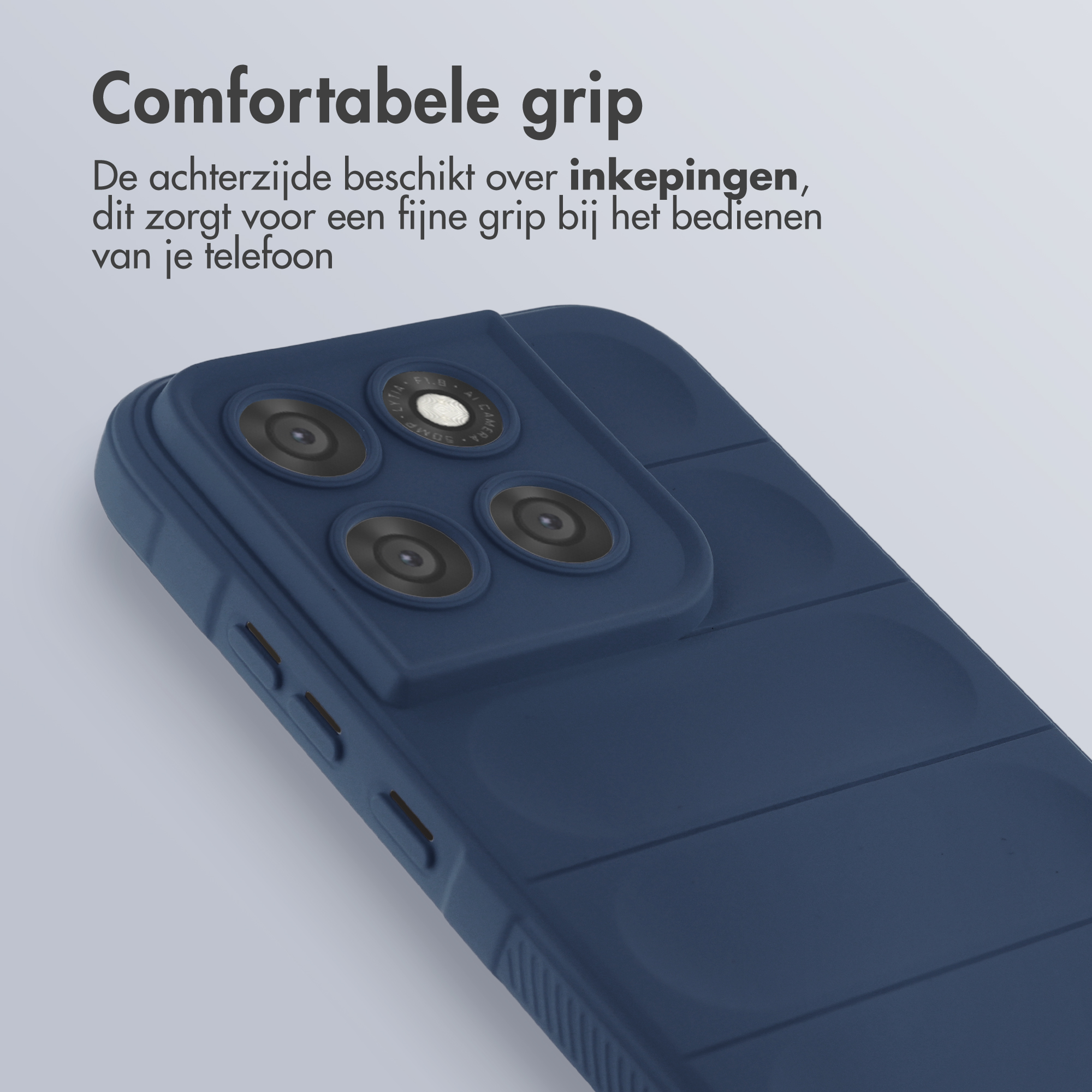 Coque de téléphone bleu foncé avec zone caméra et rainures pour une meilleure prise.