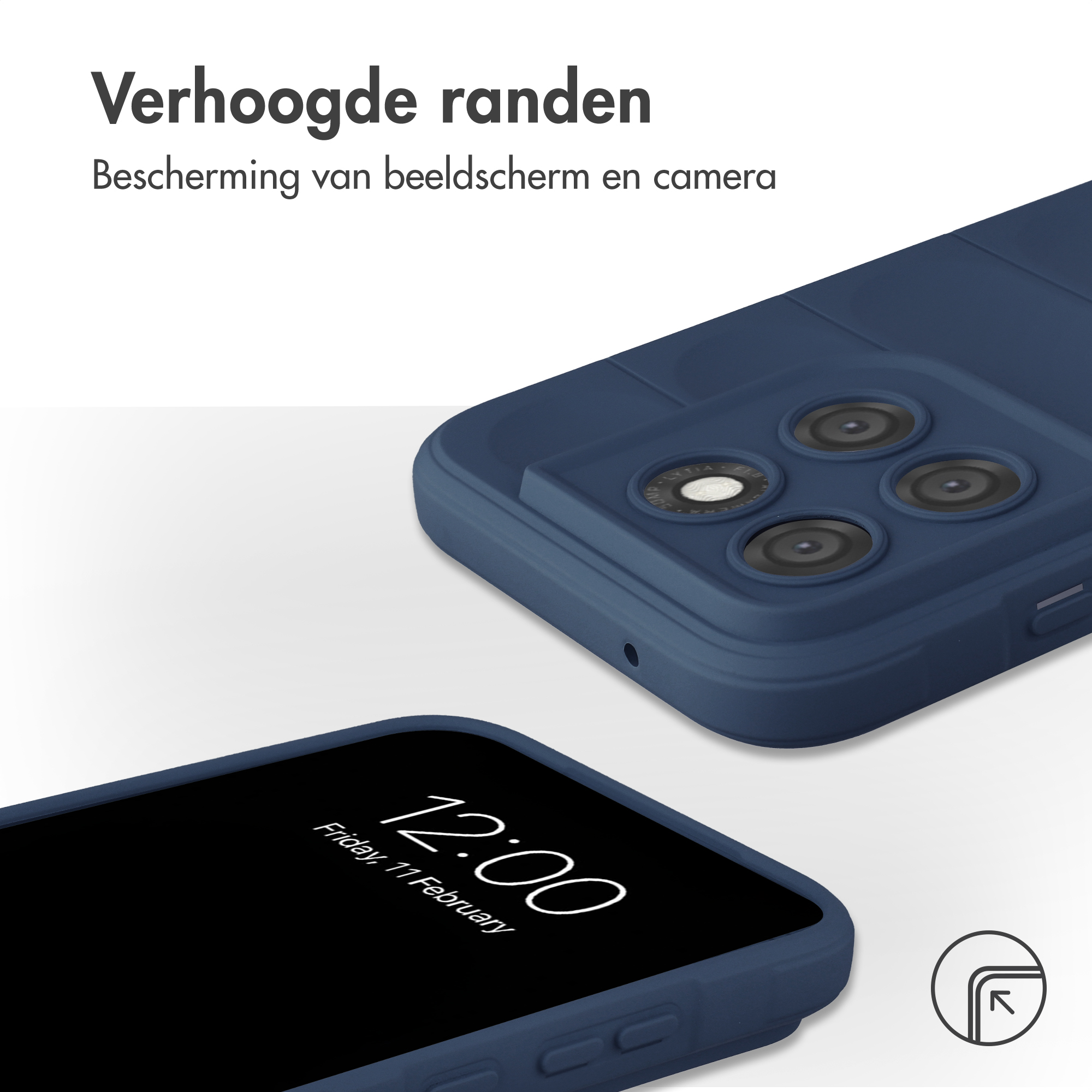 Étui de téléphone bleu foncé avec bords surélevés et trois caméras.