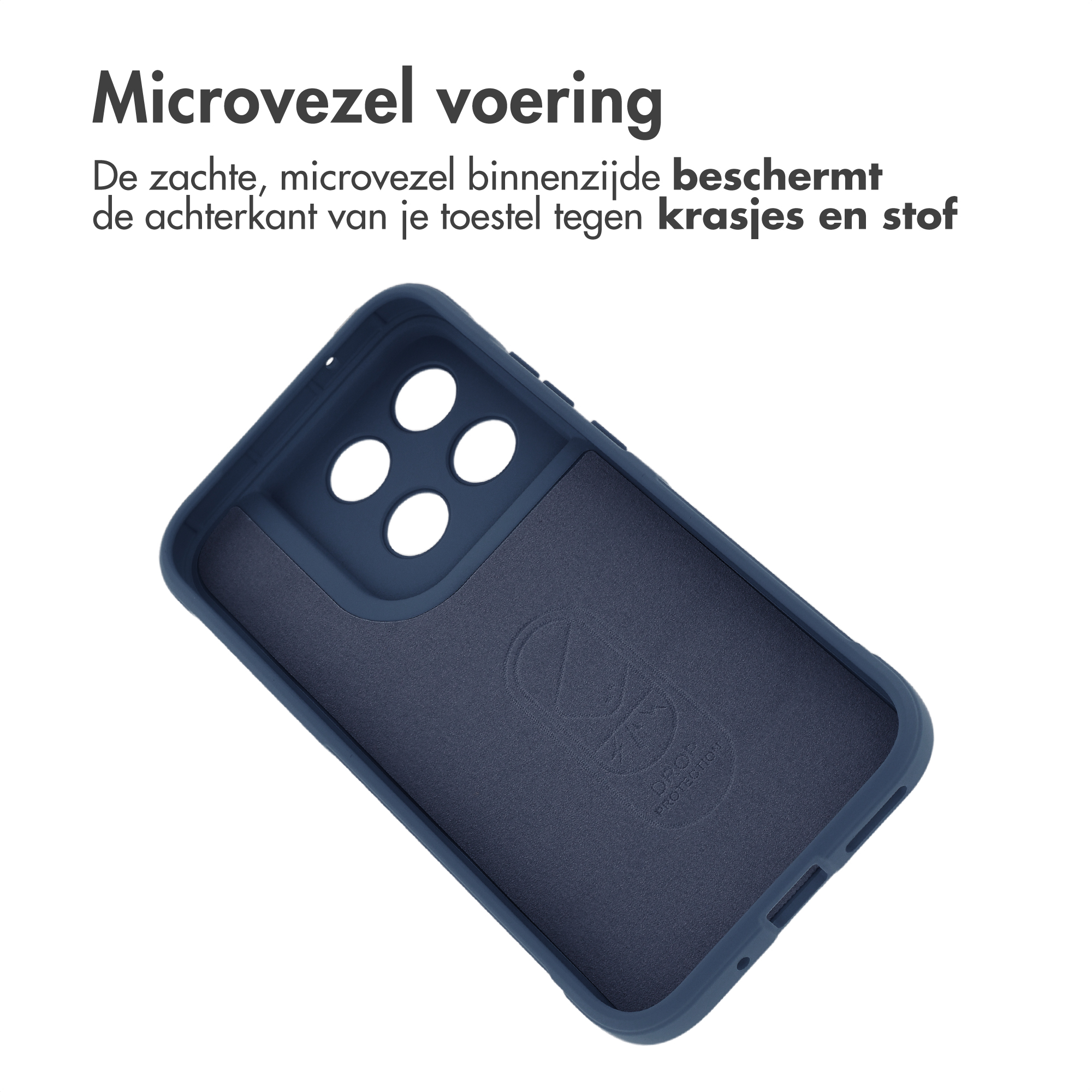 Coque de téléphone bleu foncé avec doublure microfibre, montrant quatre trous.