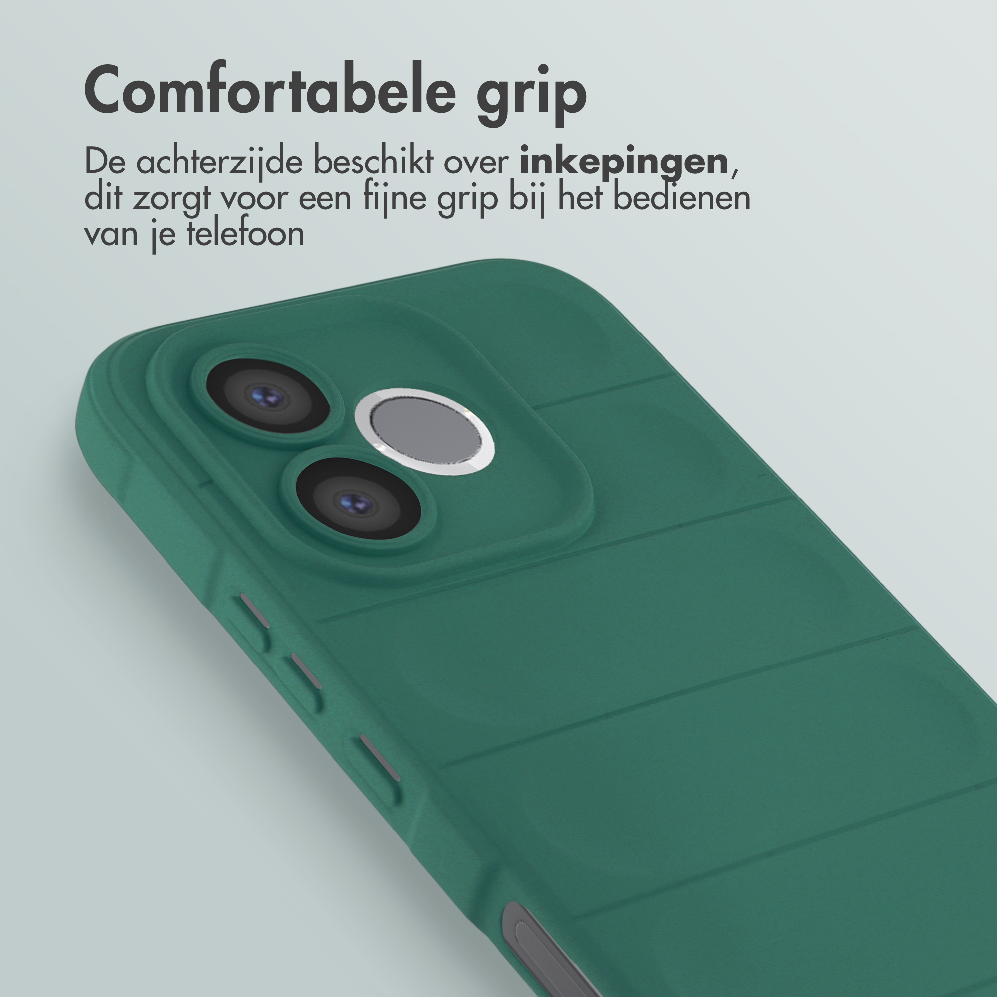 Coque de téléphone verte avec découpe caméra arrière et rainures pour une meilleure prise.