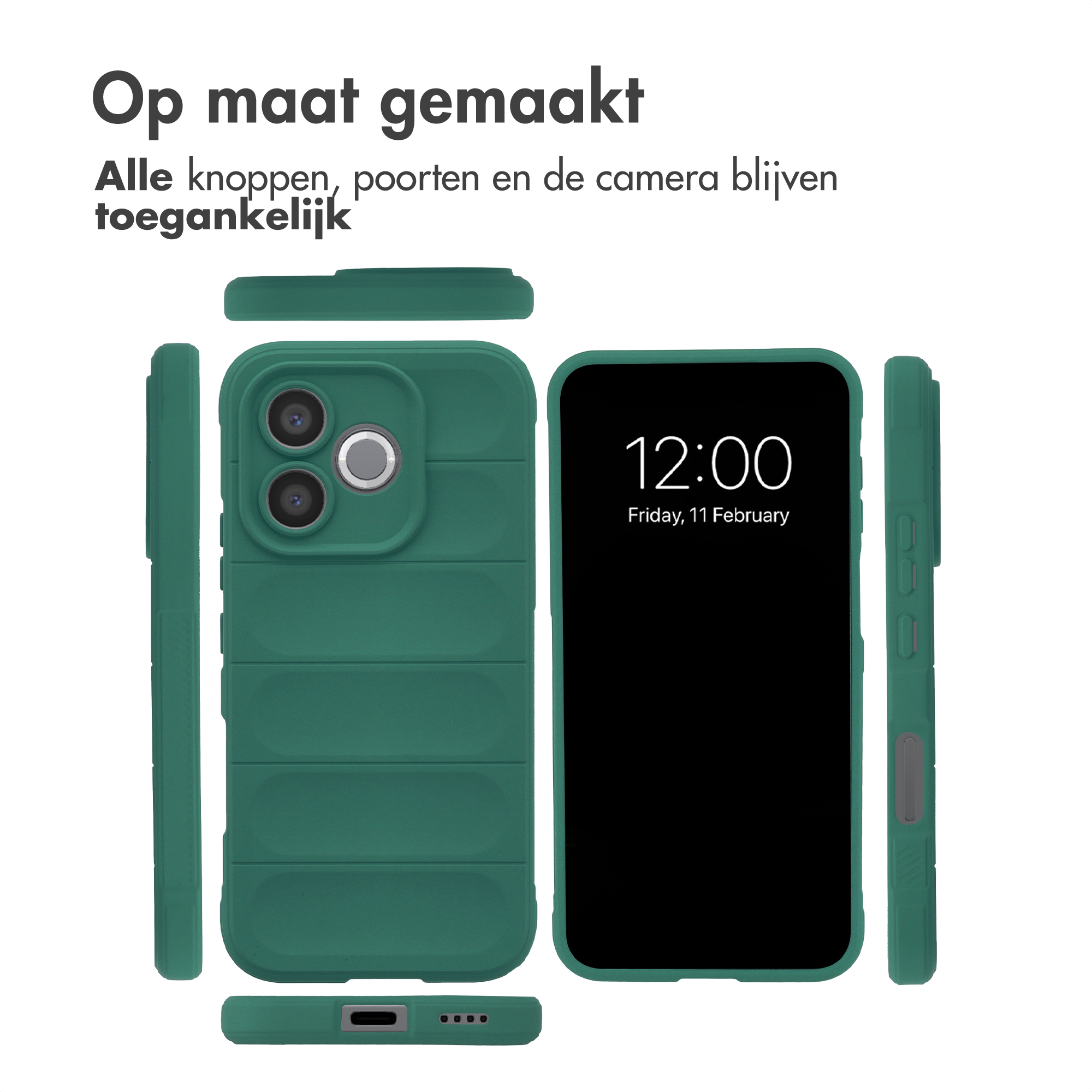 Trois coques de téléphone vertes, une avec appareil photo, un écran, une vue latérale.