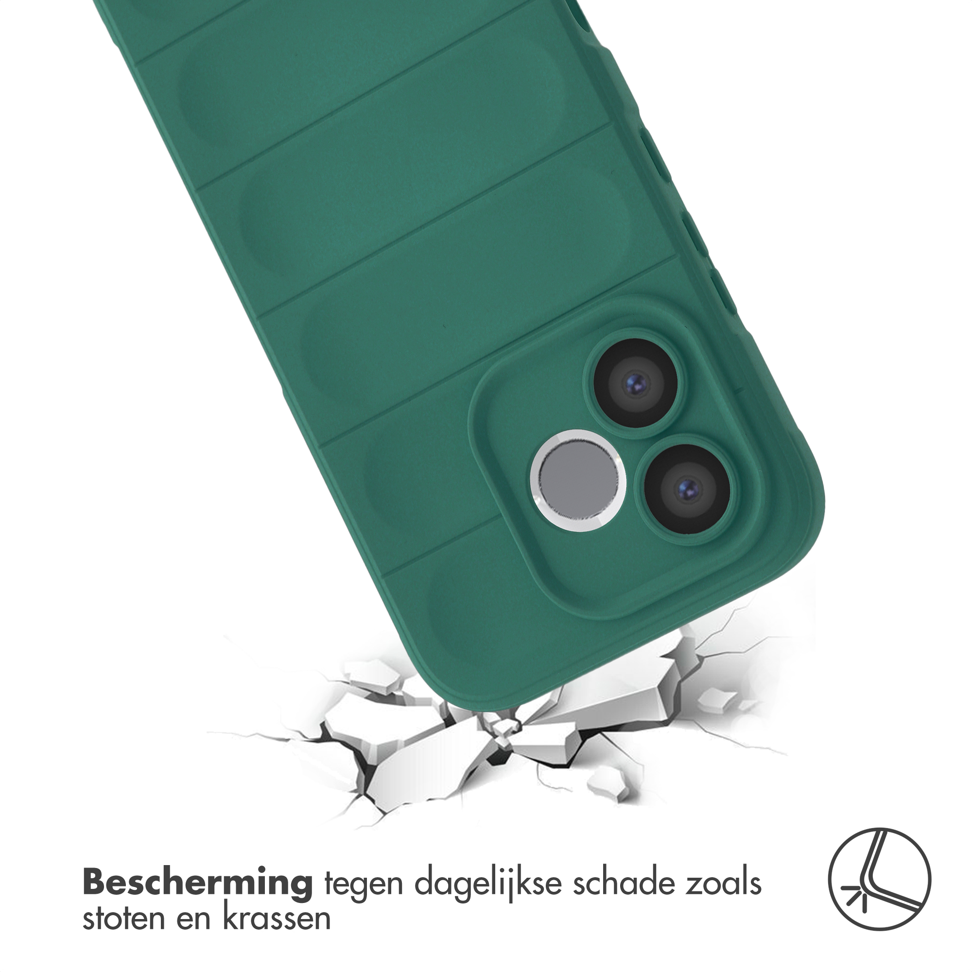 Coque de téléphone verte tombe sur sol brisé, protection contre les dégâts.
