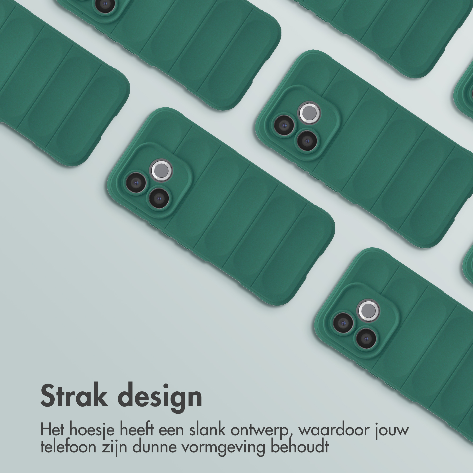 Plusieurs coques de téléphone vertes avec des nervures verticales et découpe caméra.