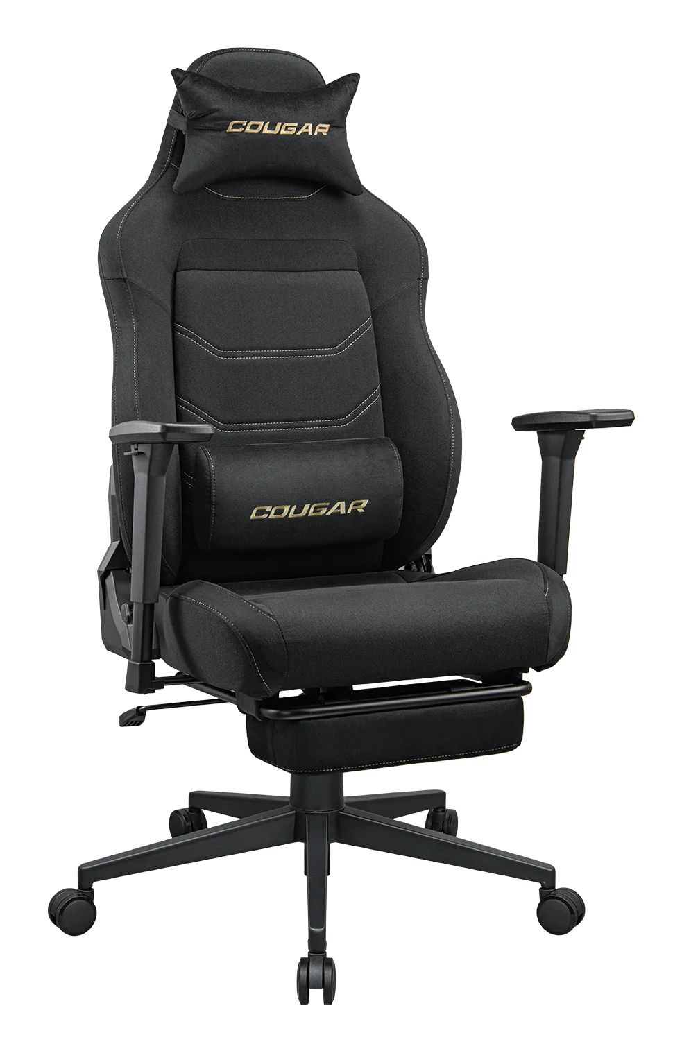 Sedia da gaming nera con supporto lombare e poggiatesta regolabili.