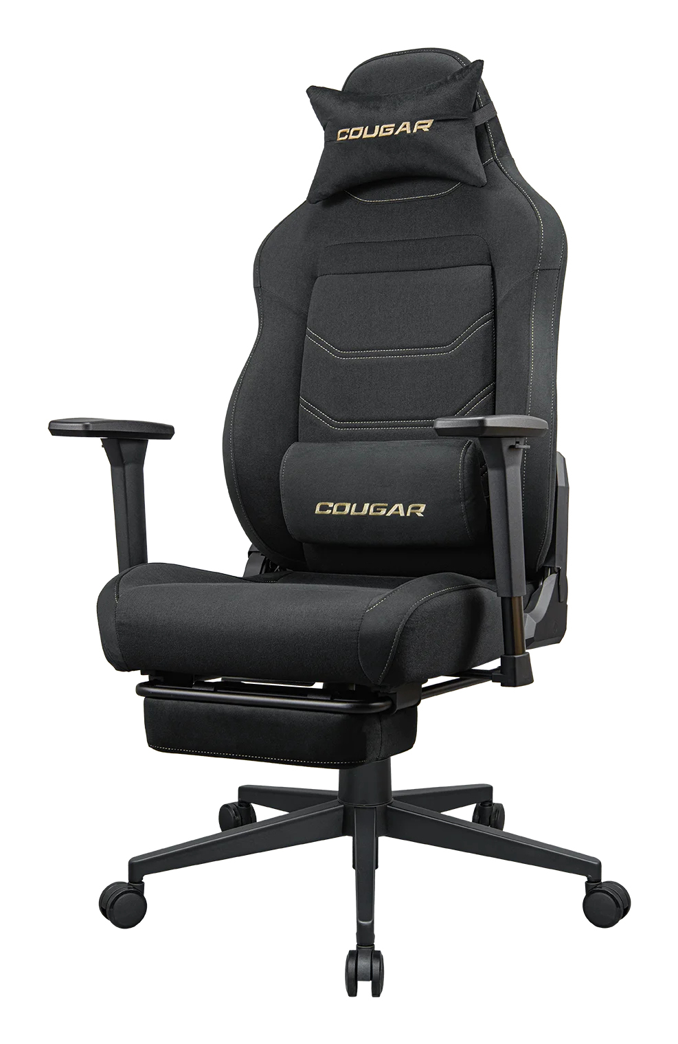 Sedia da gaming nera con poggiatesta, cuscino lombare e poggiapiedi estraibile.