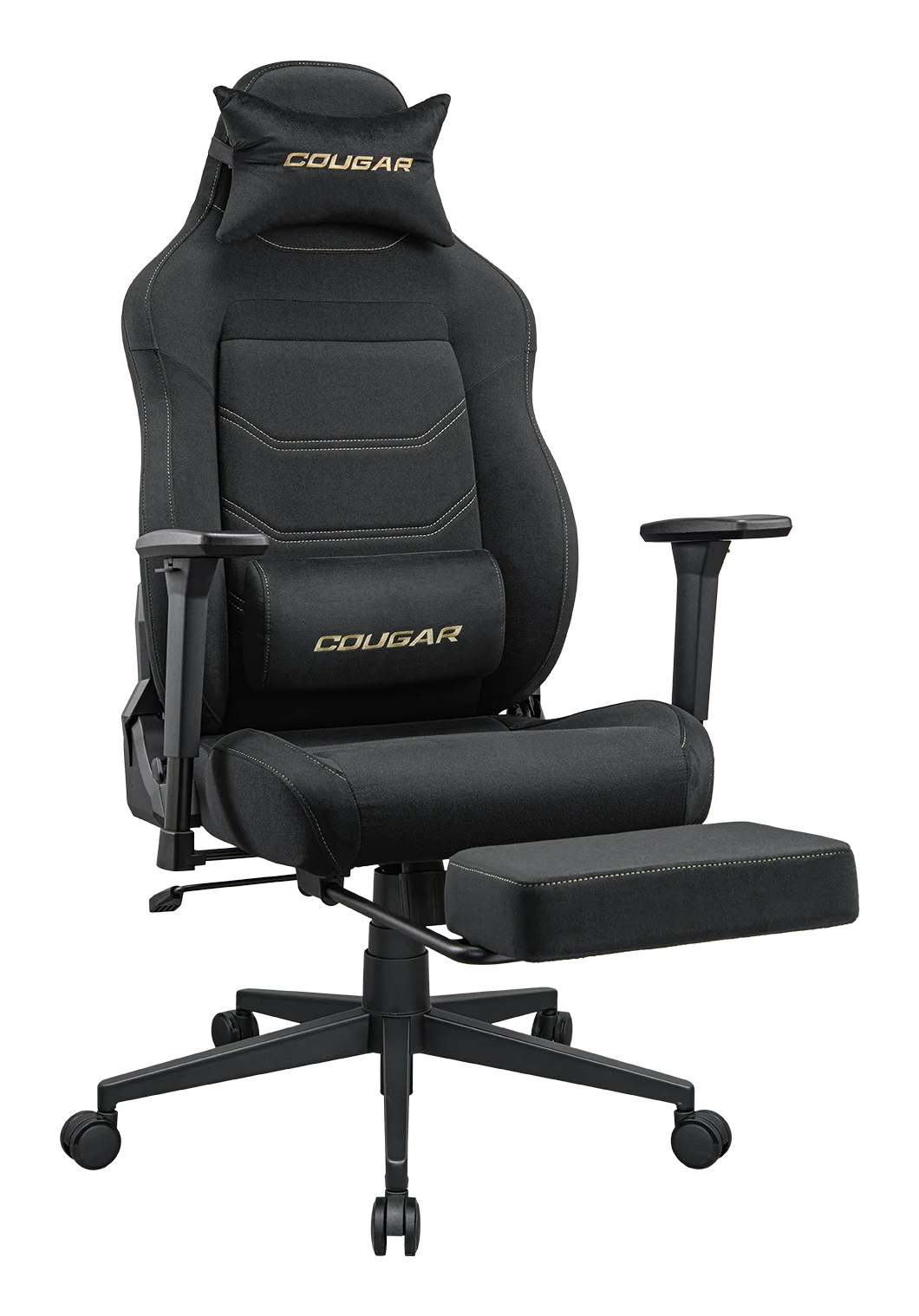 Sedia da gaming nera con poggiapiedi estraibile e cuscino.