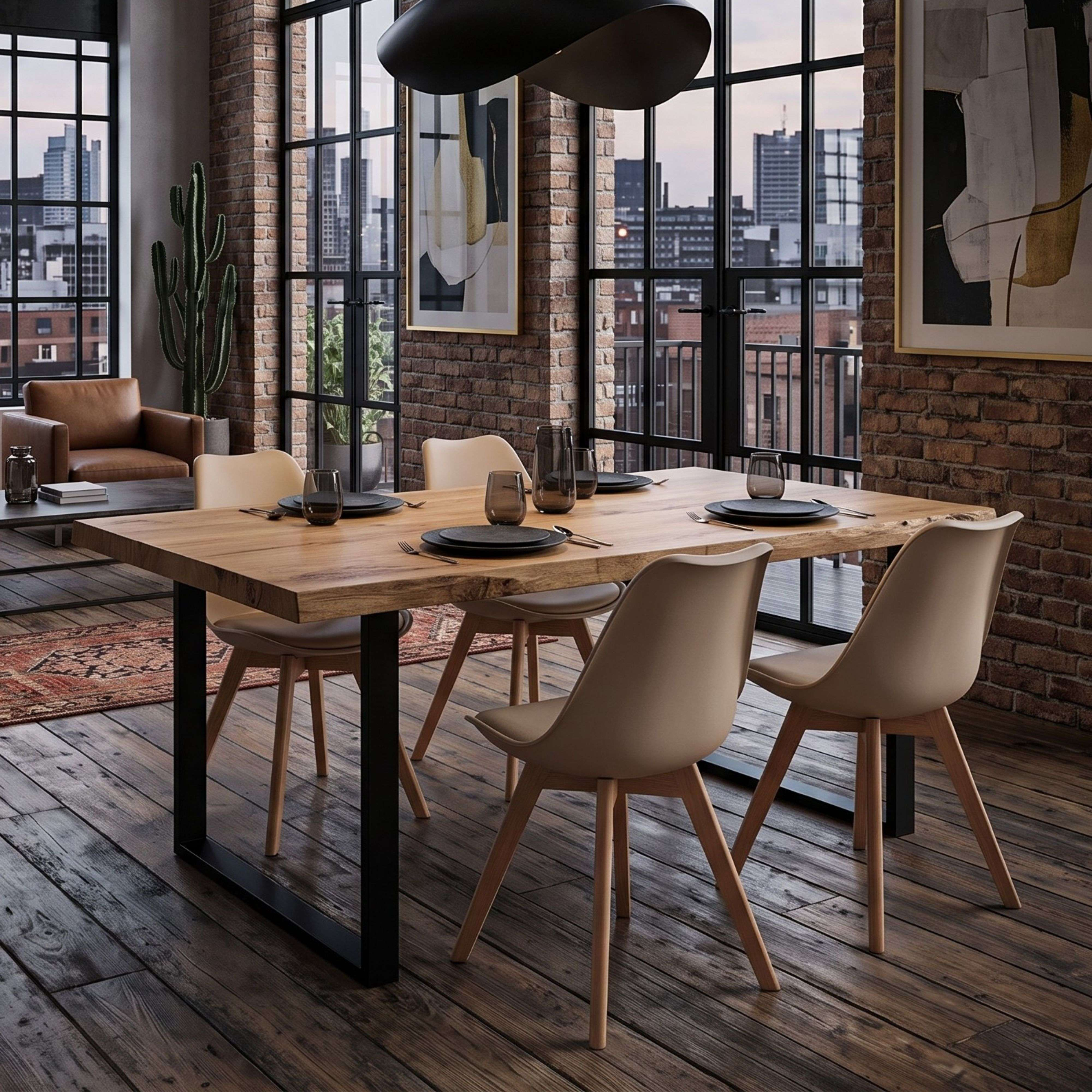 Comedor con mesa de madera, sillas, sofá de cuero y vista a la ciudad.