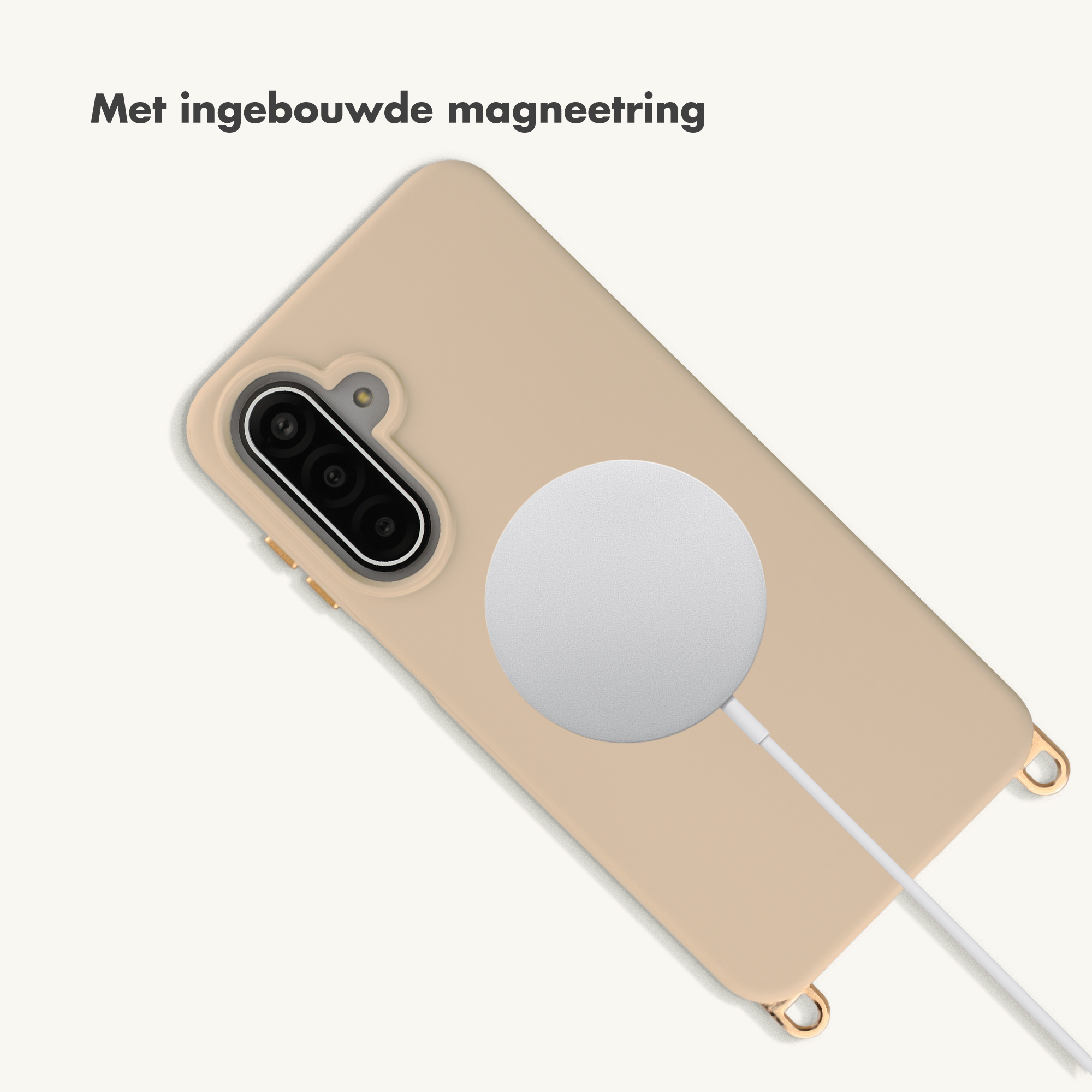 Een beige telefoonhoes met een ronde witte lader en kabel.