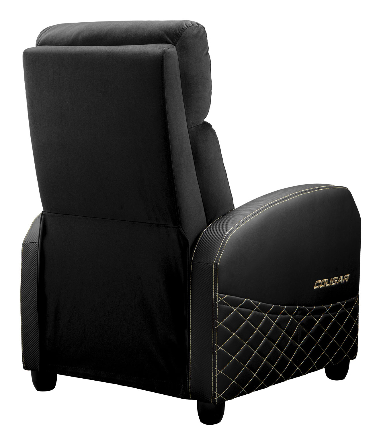 Silla gamer negra con costuras doradas y detalles acolchados.