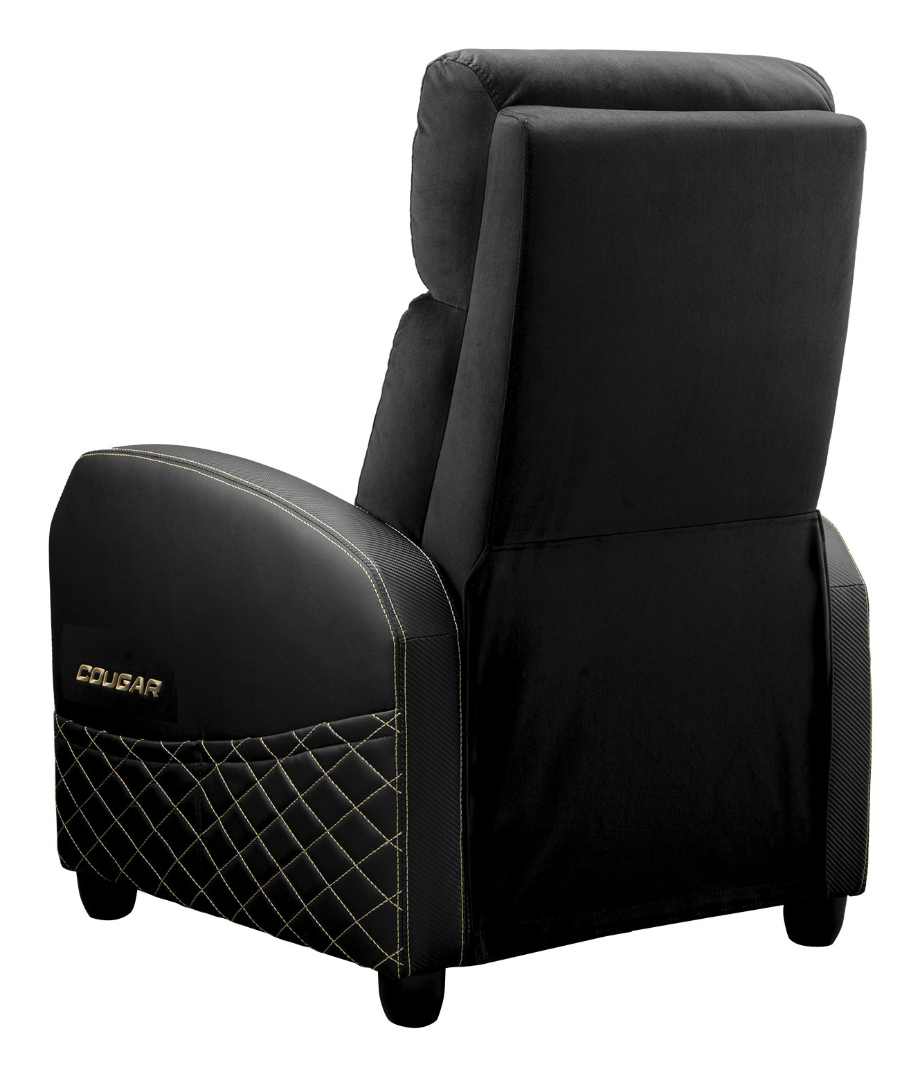 Sillón reclinable negro con costuras doradas y patrón de diamantes en reposabrazos.