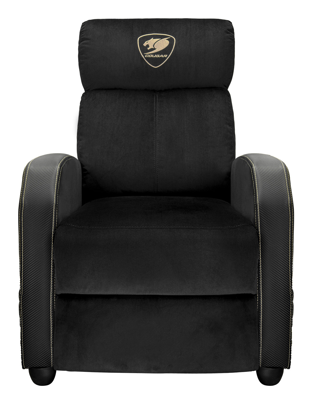 Silla gaming negra con logo Cougar en reposacabezas y acentos de fibra de carbono.