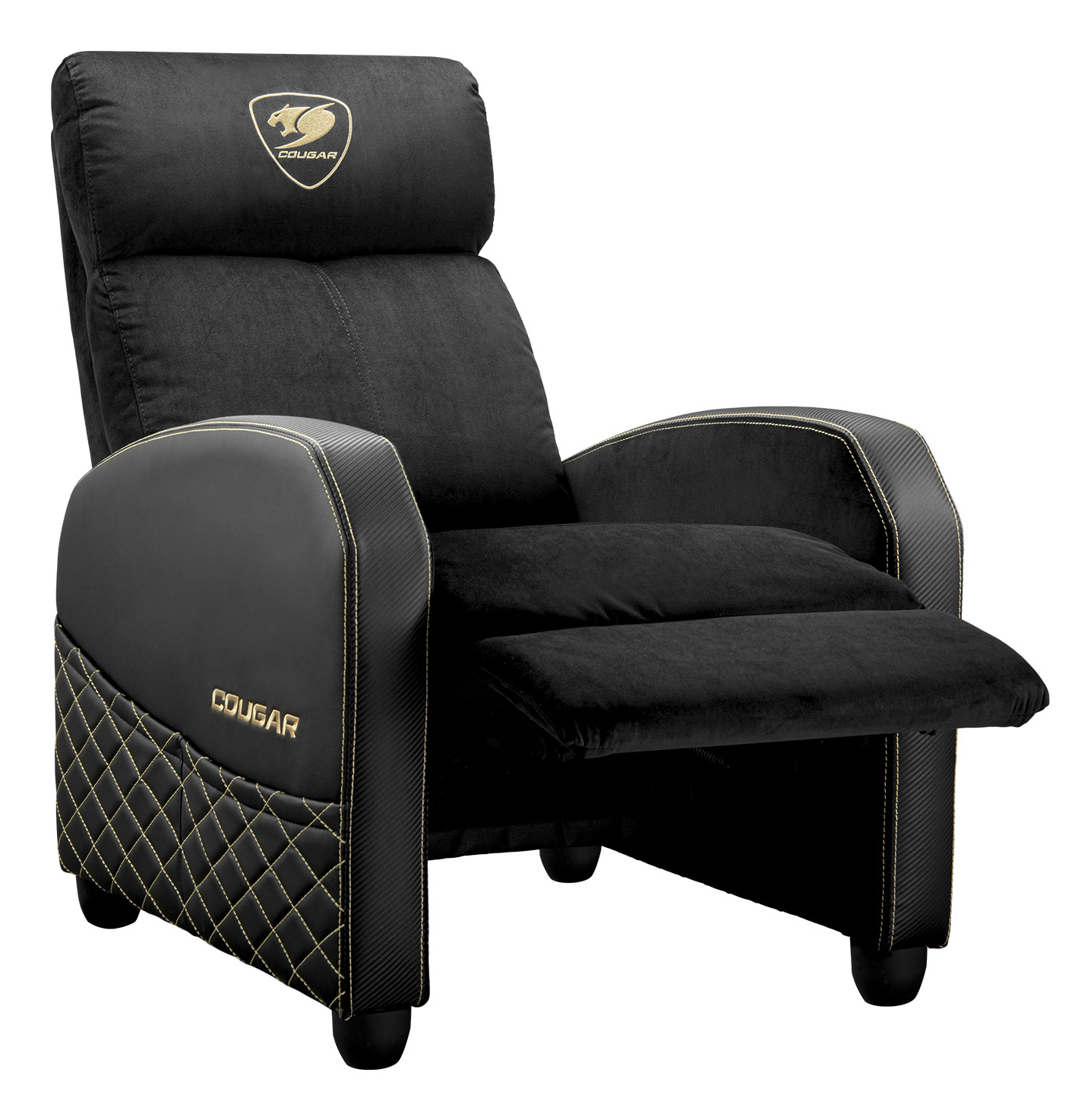 Reclinable negro para juegos con logo dorado de Cougar, reposapiés extendido.