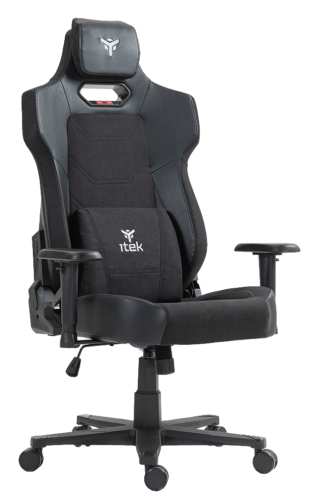 Una sedia da gaming nera con supporto lombare e poggiatesta, logo Itek.