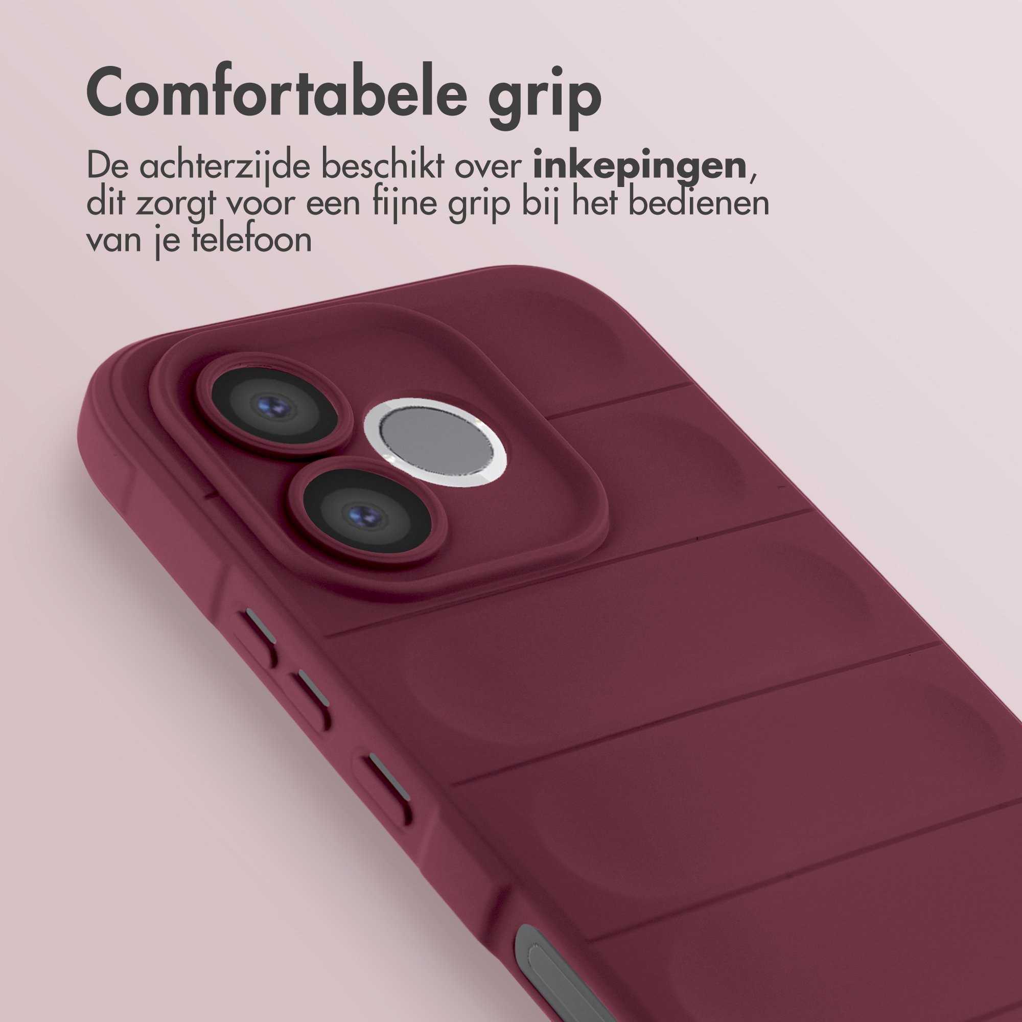 Coque de téléphone bordeaux avec renfoncements pour la prise en main.