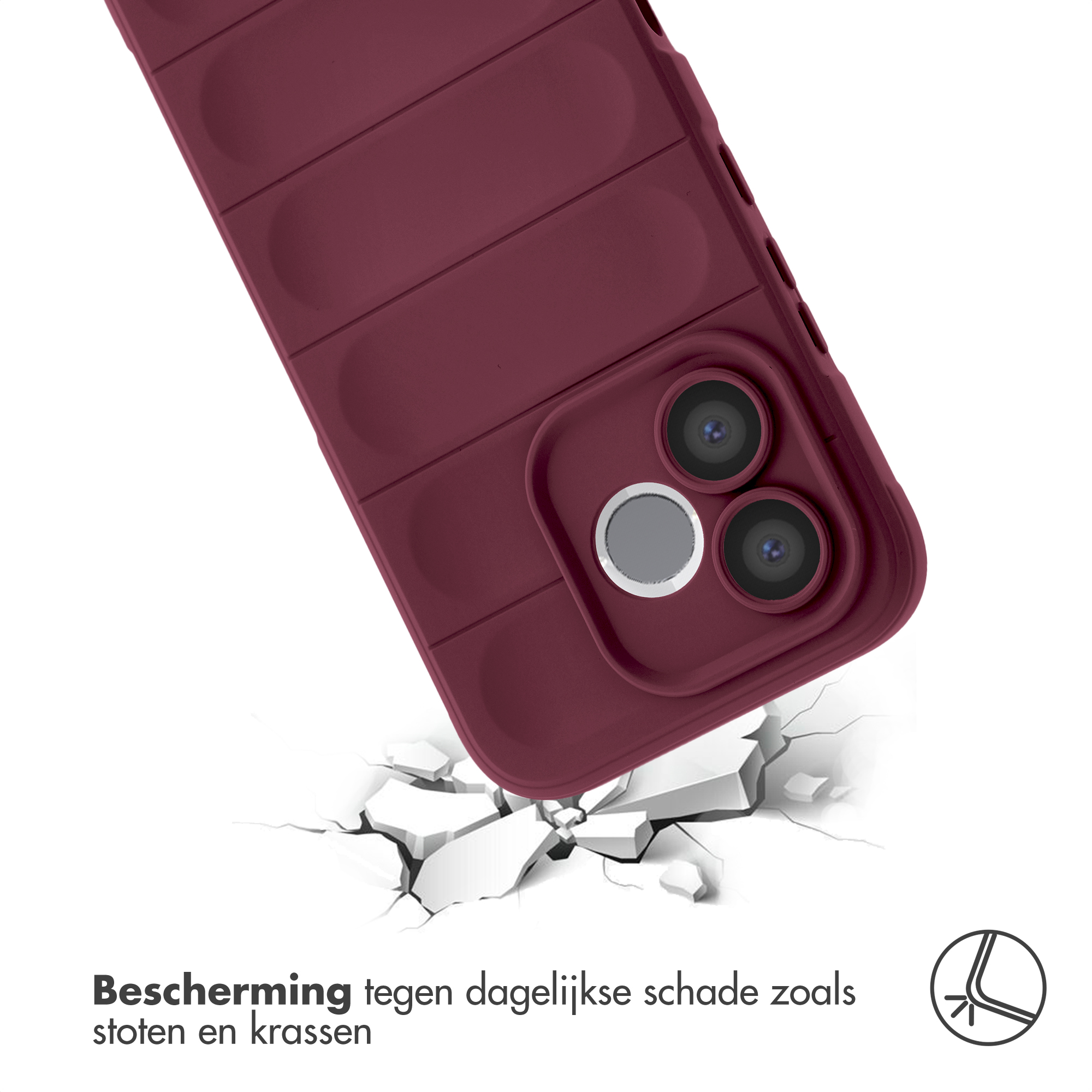 Une coque de téléphone rouge foncé avec trois caméras sur un sol craquelé.