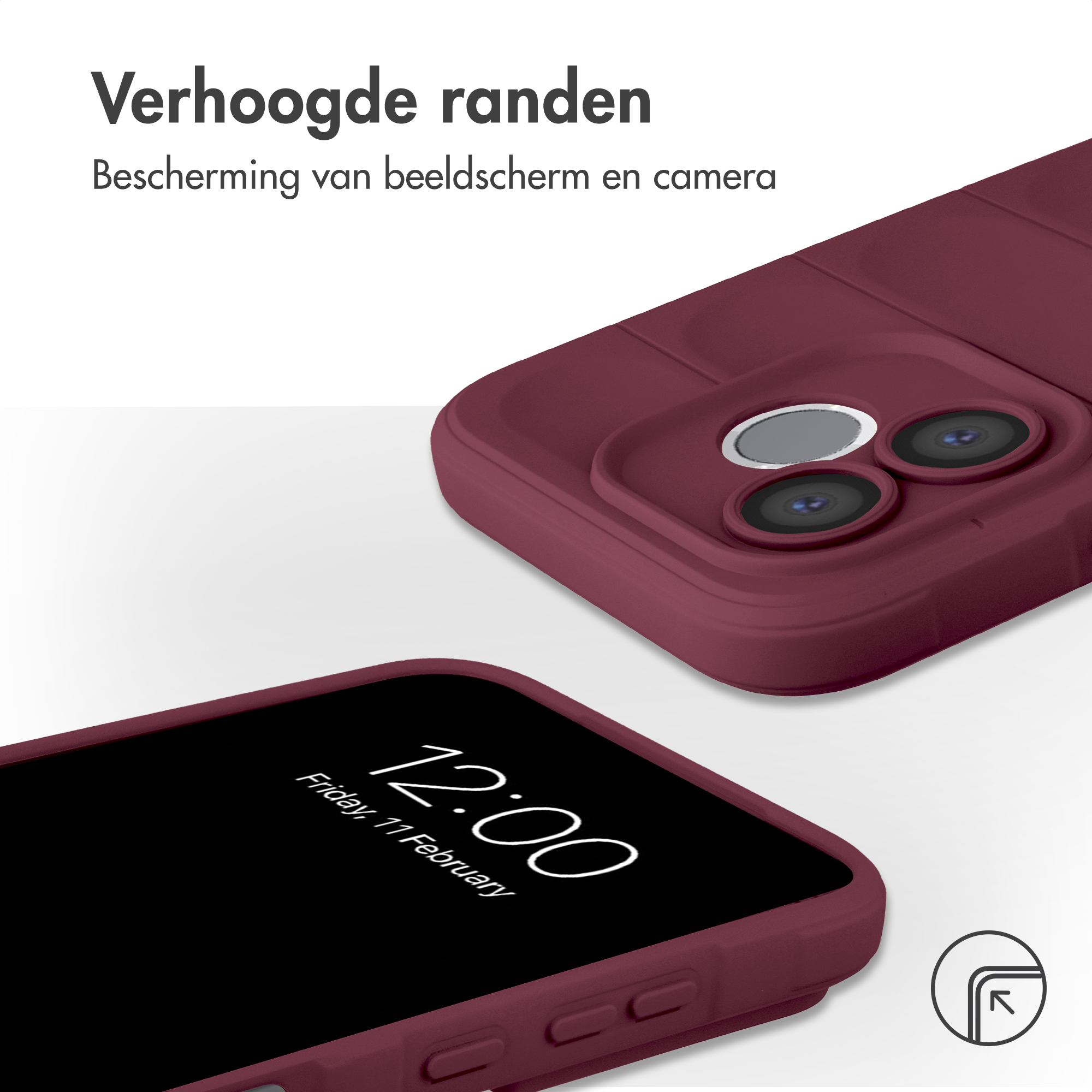 Une coque de téléphone bordeaux avec cache-appareil photo et heure à l'écran.