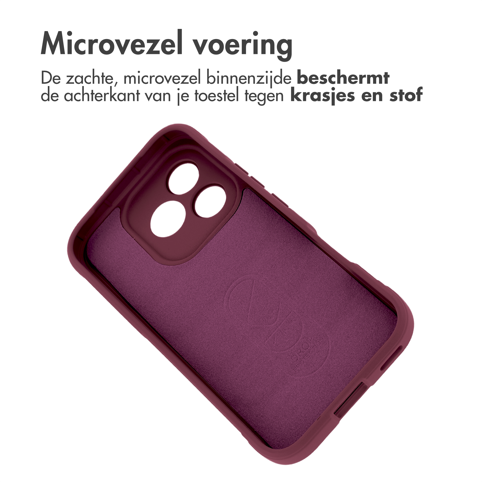 Coque de téléphone violette montrant sa doublure en microfibre.