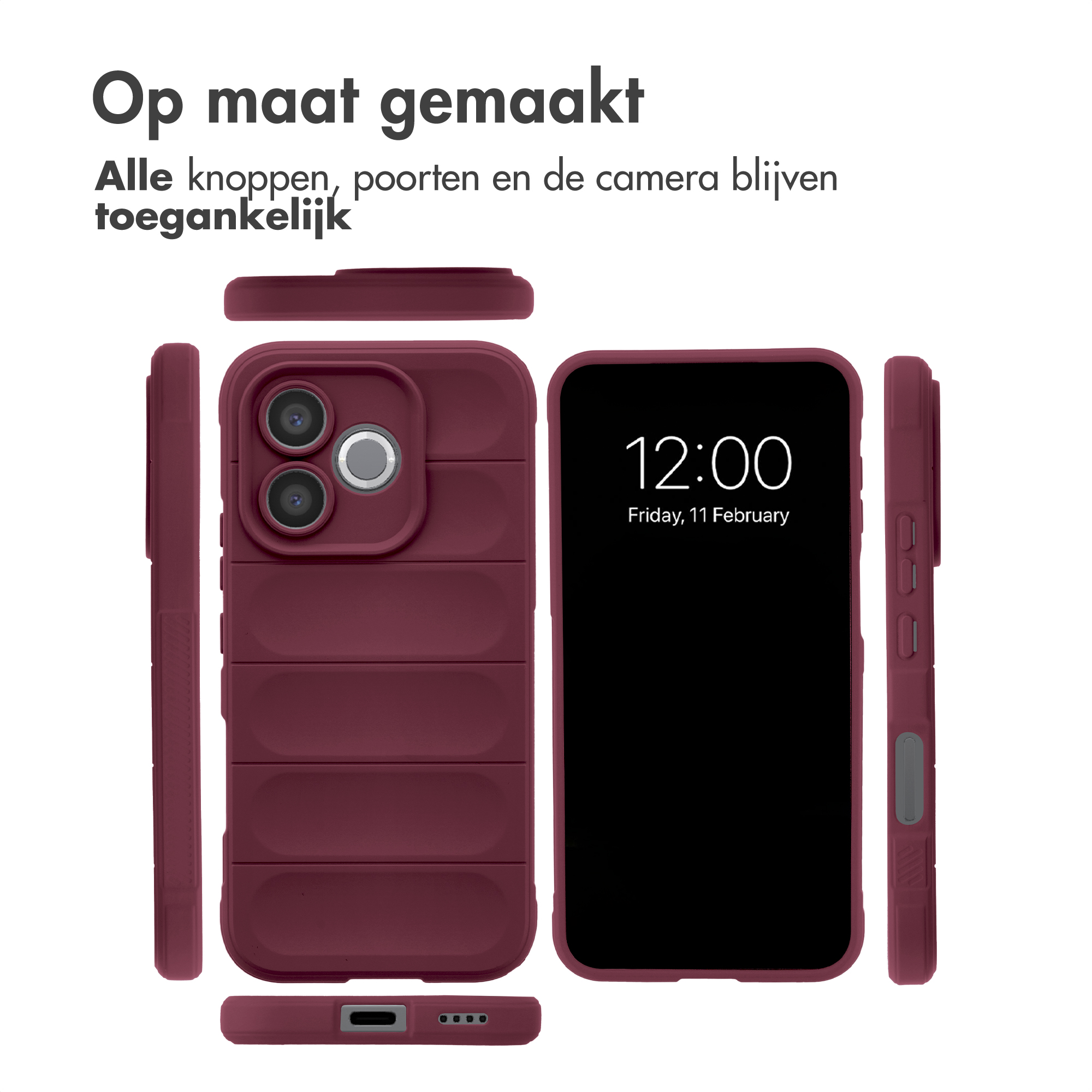 Coque de téléphone bordeaux avec un smartphone affichant 12h00.
