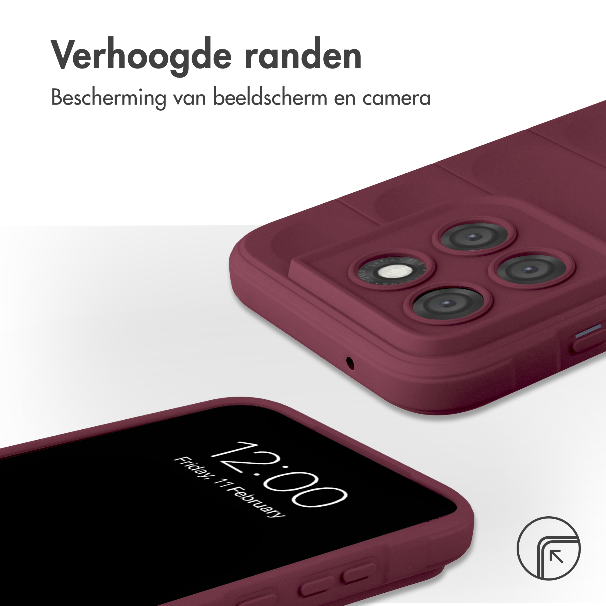 Coque de téléphone bordeaux avec bords surélevés protégeant écran et appareil photo.