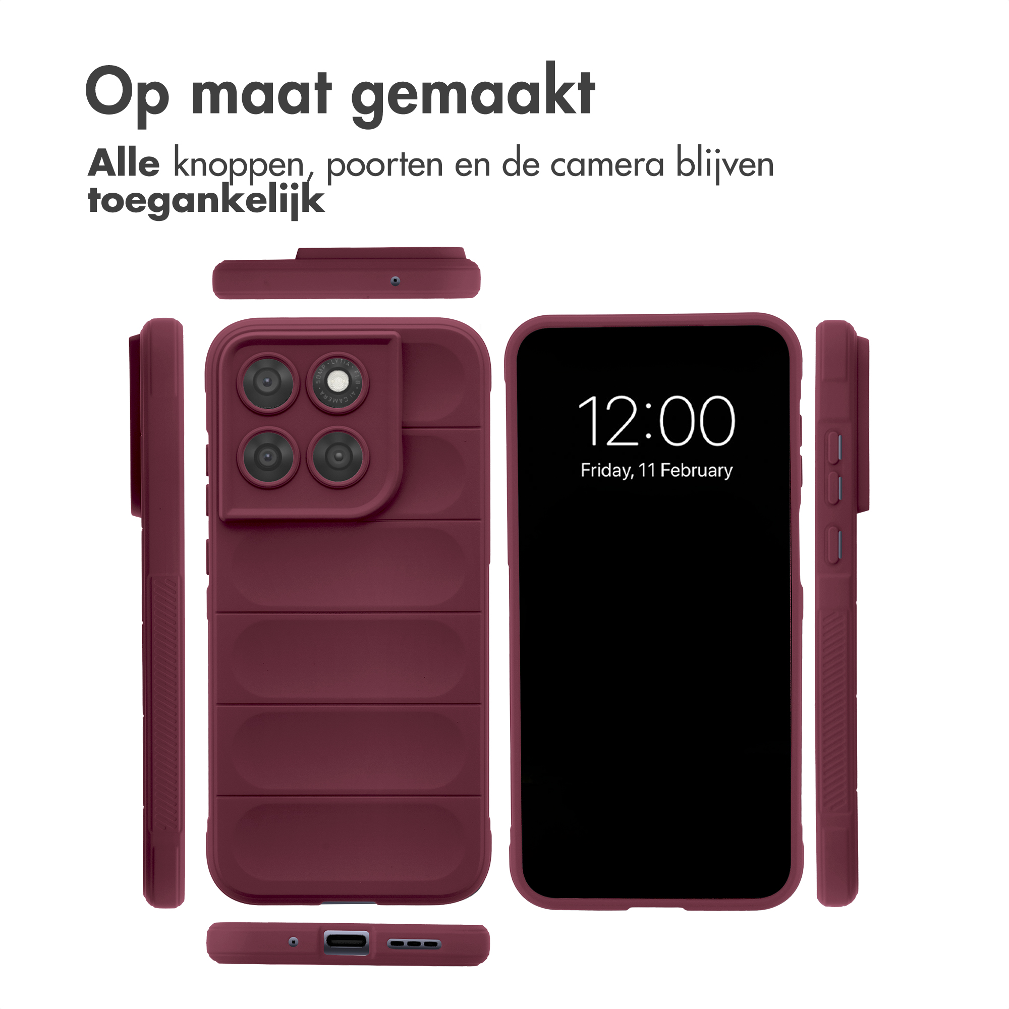 Trois vues d'une coque de téléphone bordeaux. L'une montre l'arrière avec des caméras.