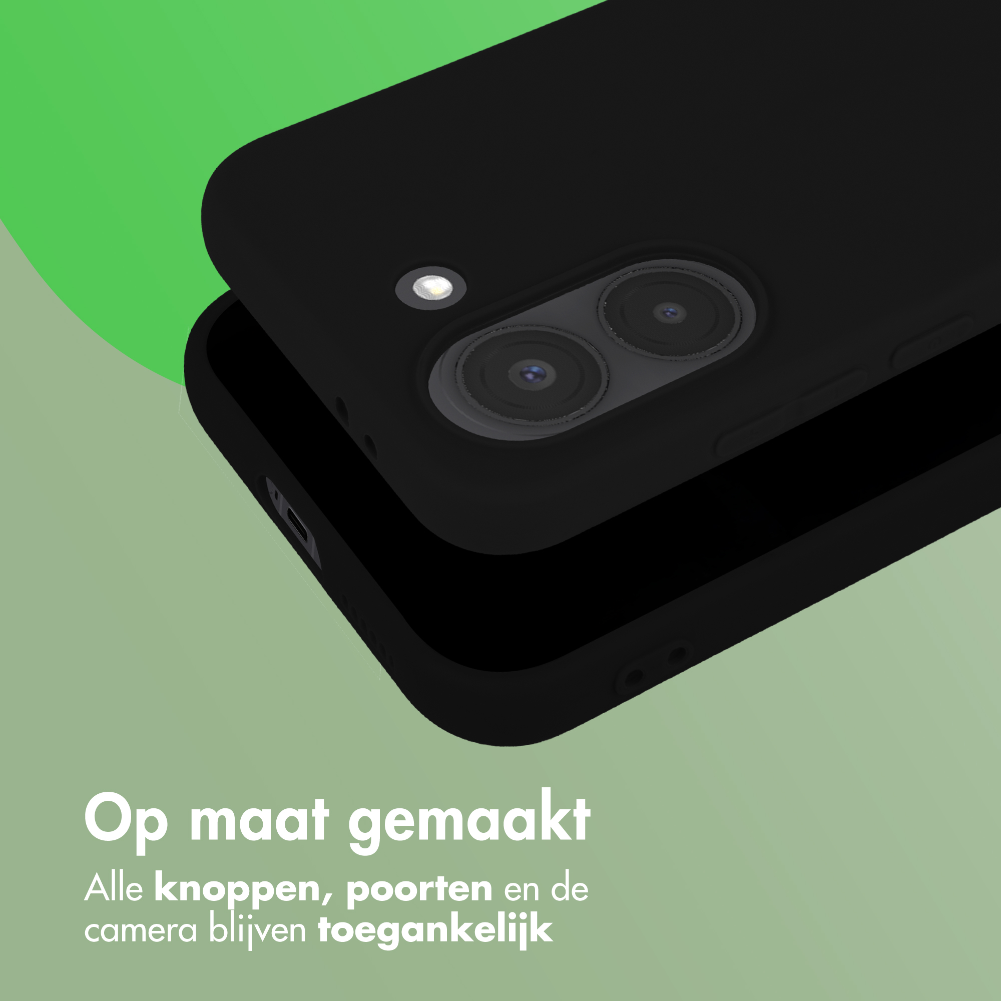 Zwarte telefoonhoes met camera-uitsparing op lichte achtergrond. Tekst in het Nederlands.