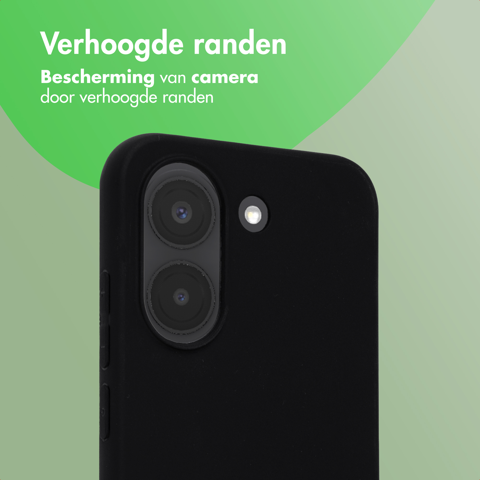 Zwarte telefoonhoes met verhoogde randen rond camera en flitser.