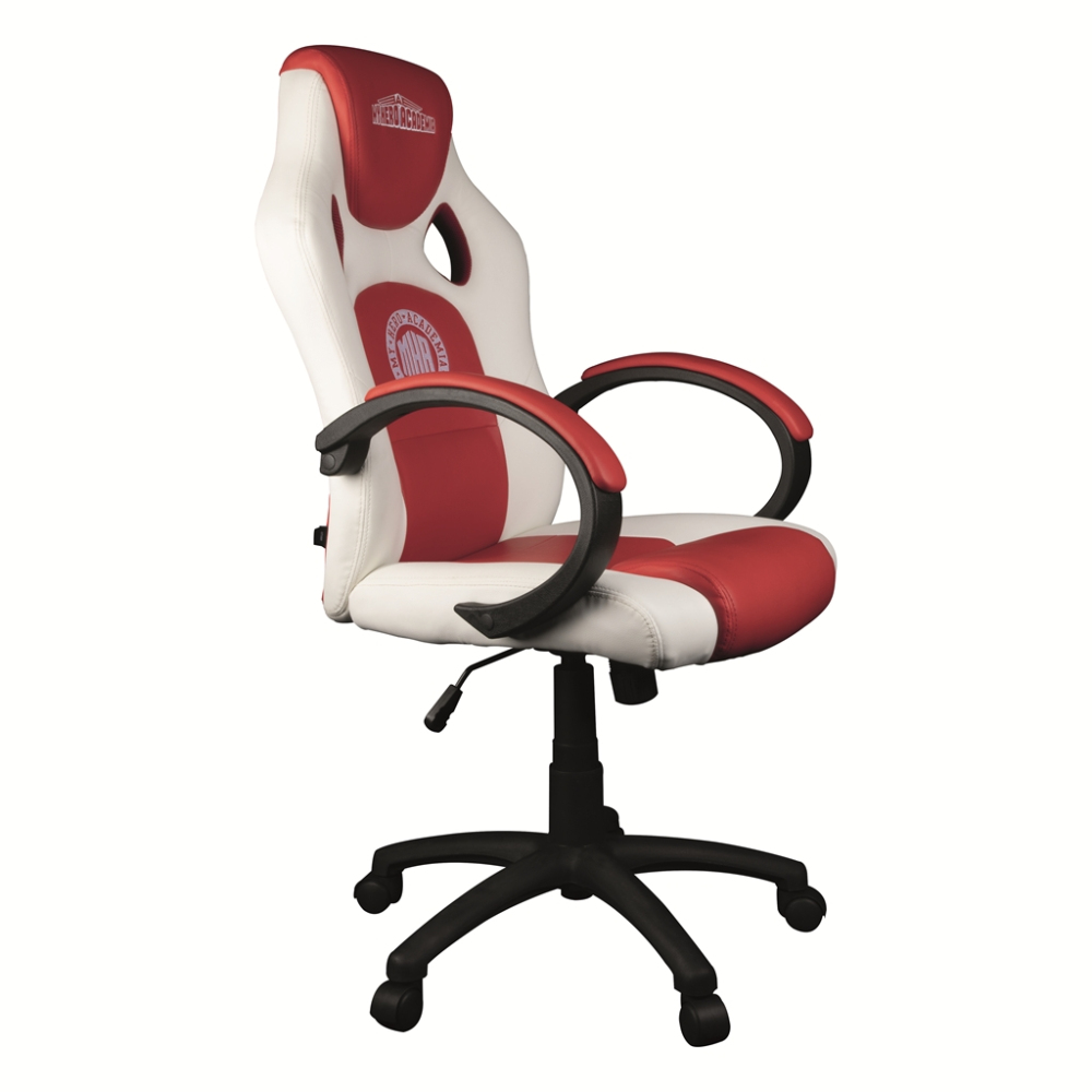 Una sedia bianca e rossa stile da corsa con logo "Hero Academia".