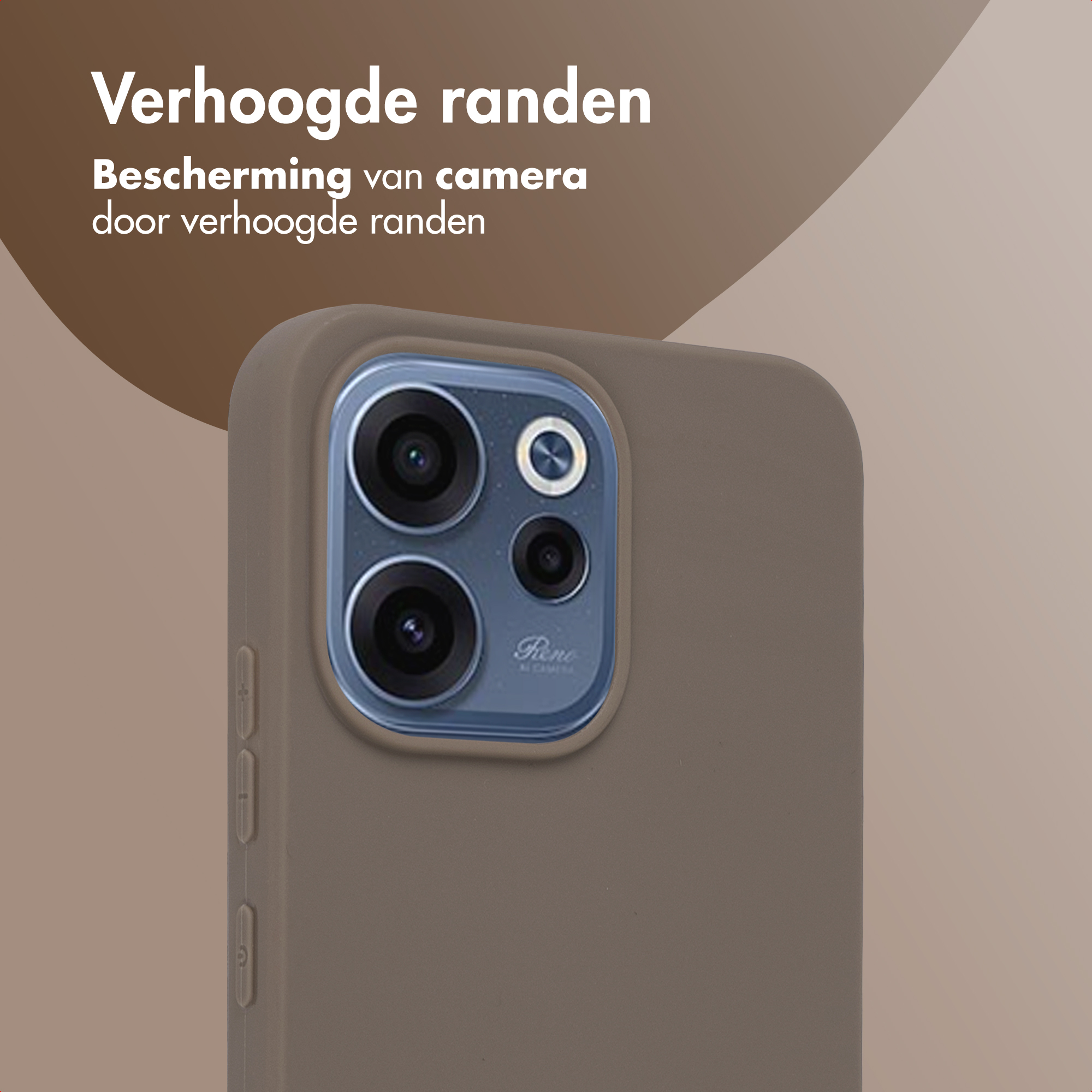 Bruine telefoonhoes met camera-uitsparing. Tekst: Verhoogde randen.