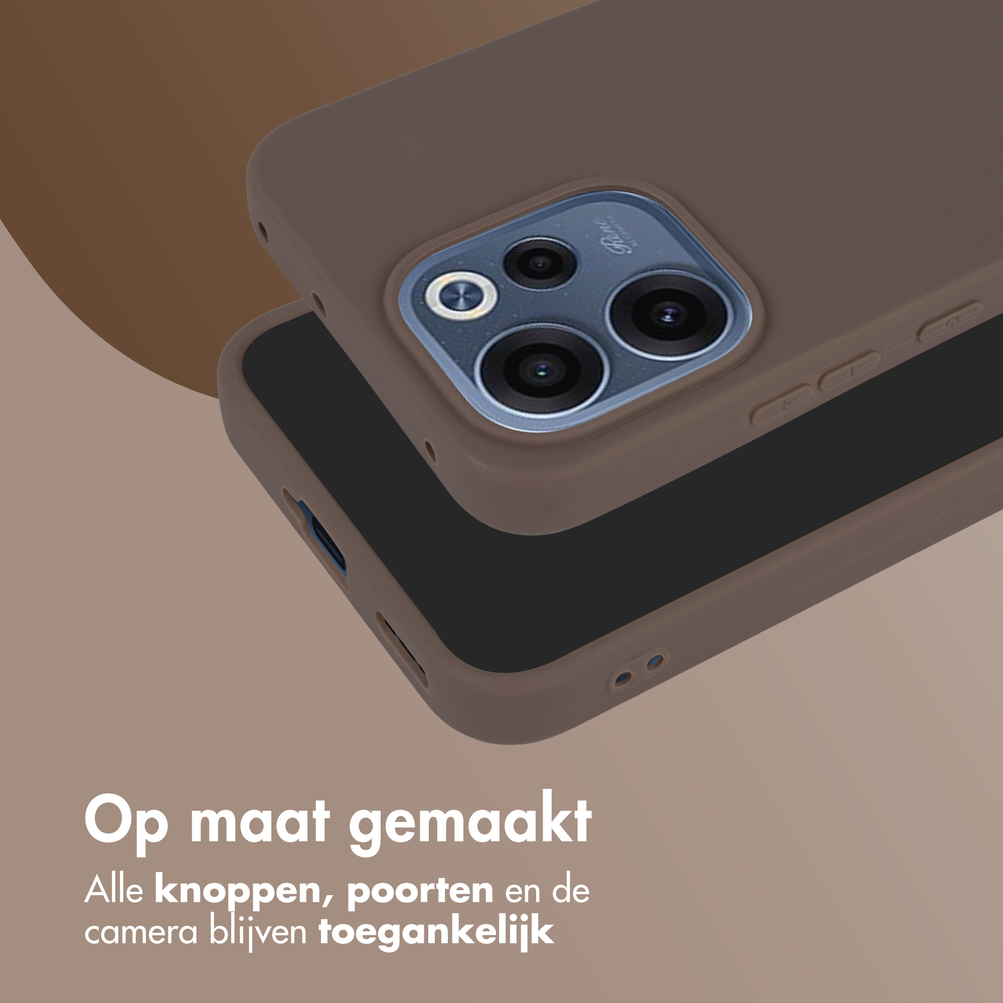 Bruine telefoonhoes met cameralens-uitsparing en knoppen.