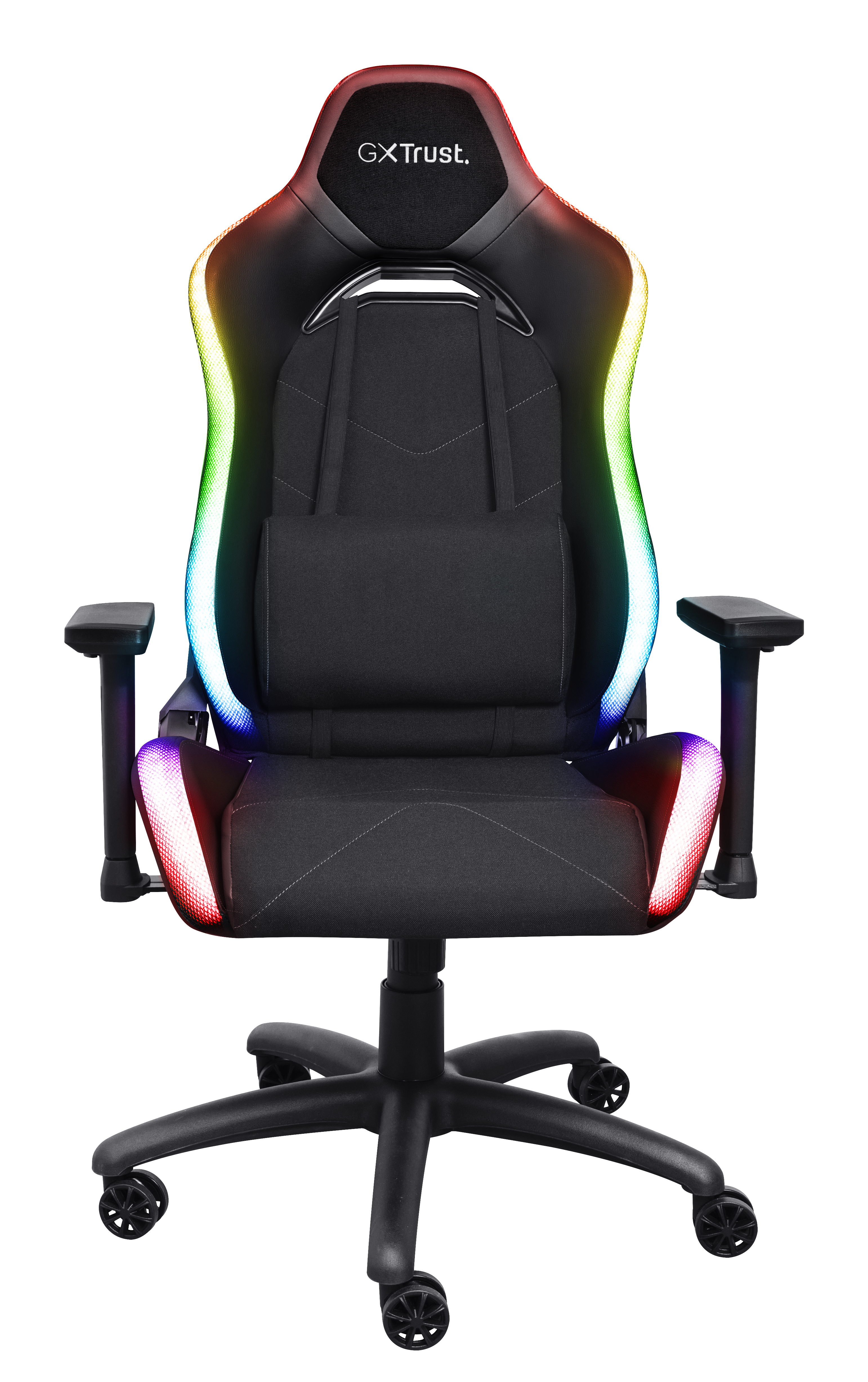 Zwarte gamestoel met RGB-verlichting en lendenkussen.