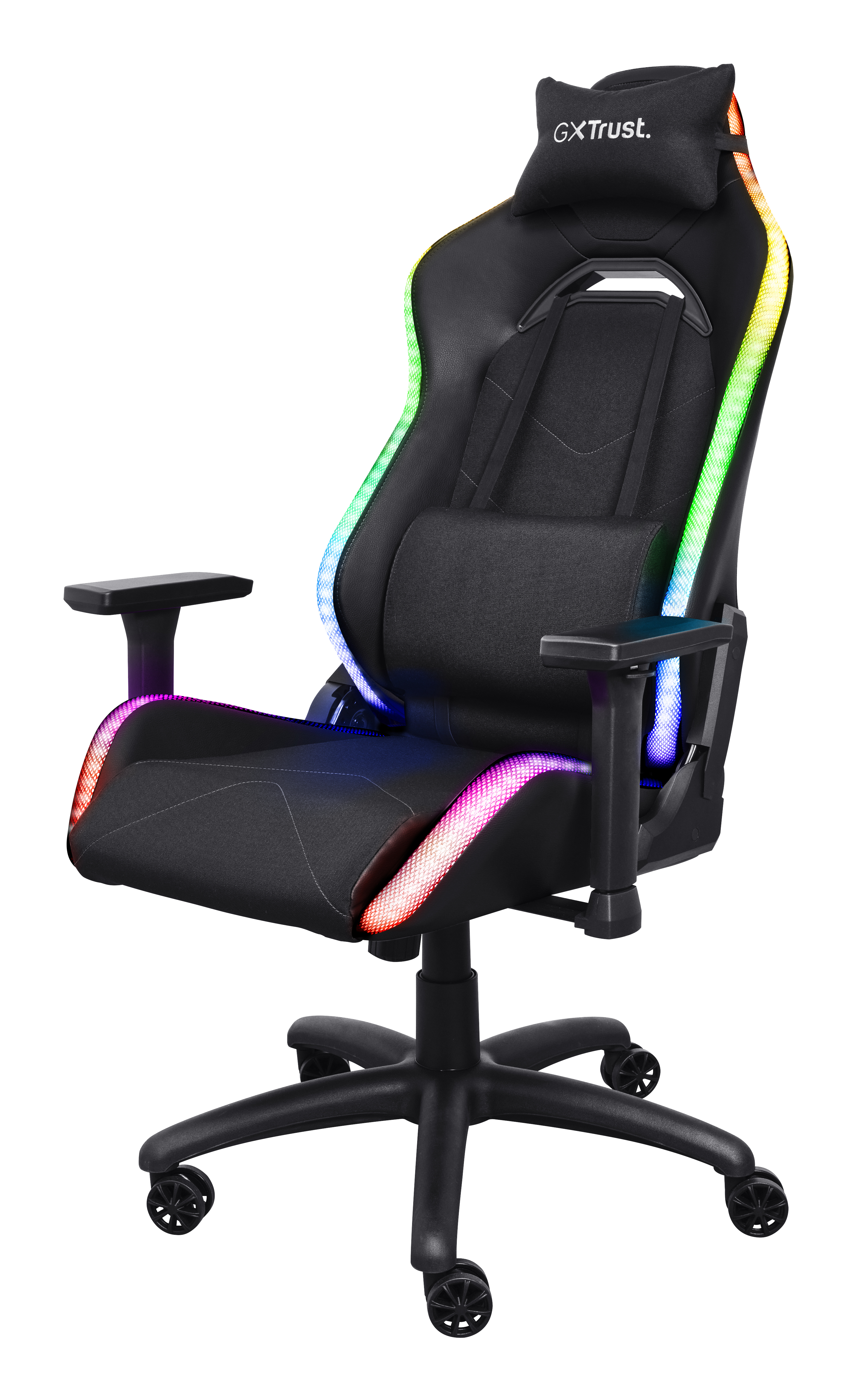 Zwarte gamestoel met RGB-verlichting en hoofdsteun met logo.
