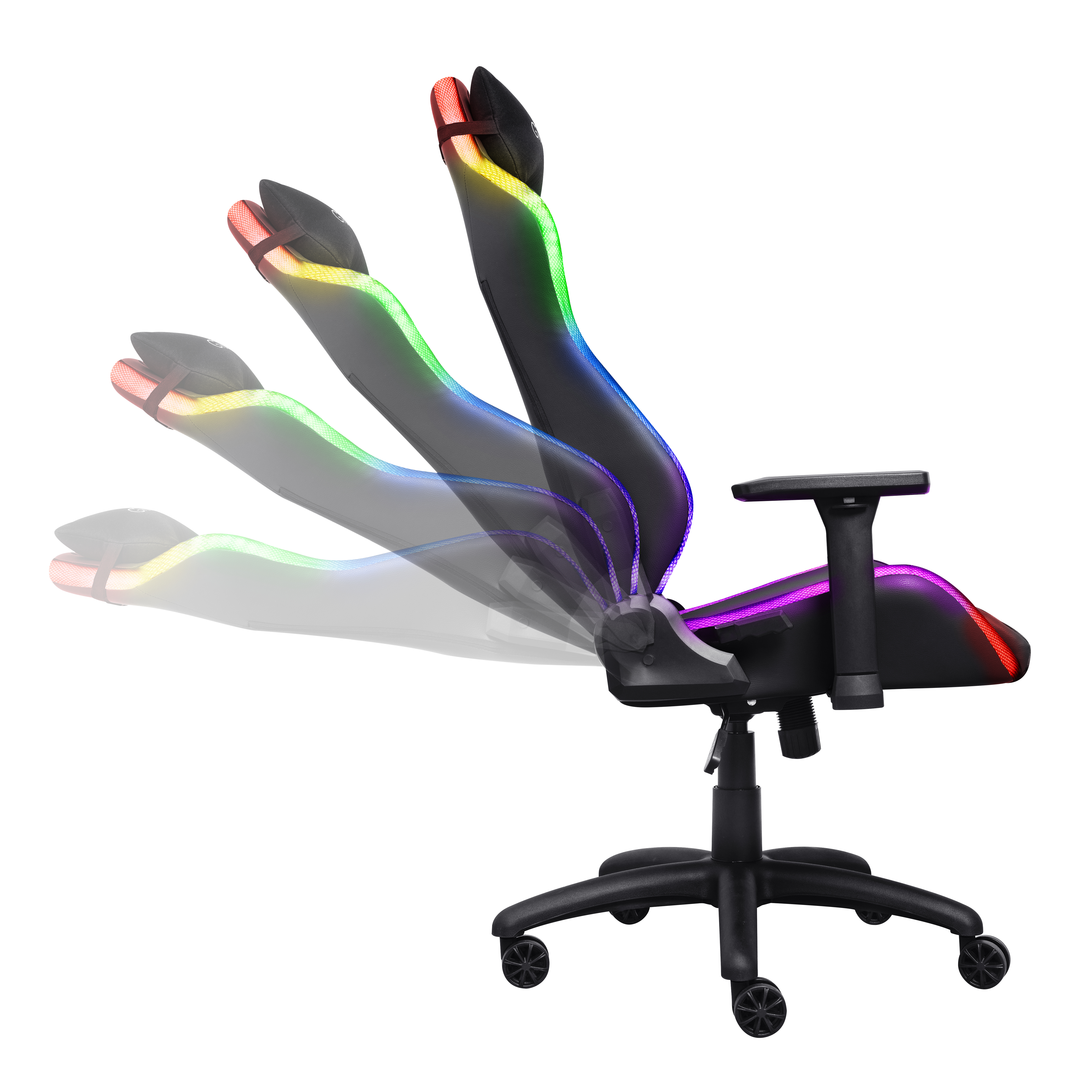 Zwarte gamestoel met RGB-verlichting in meerdere liggende posities.