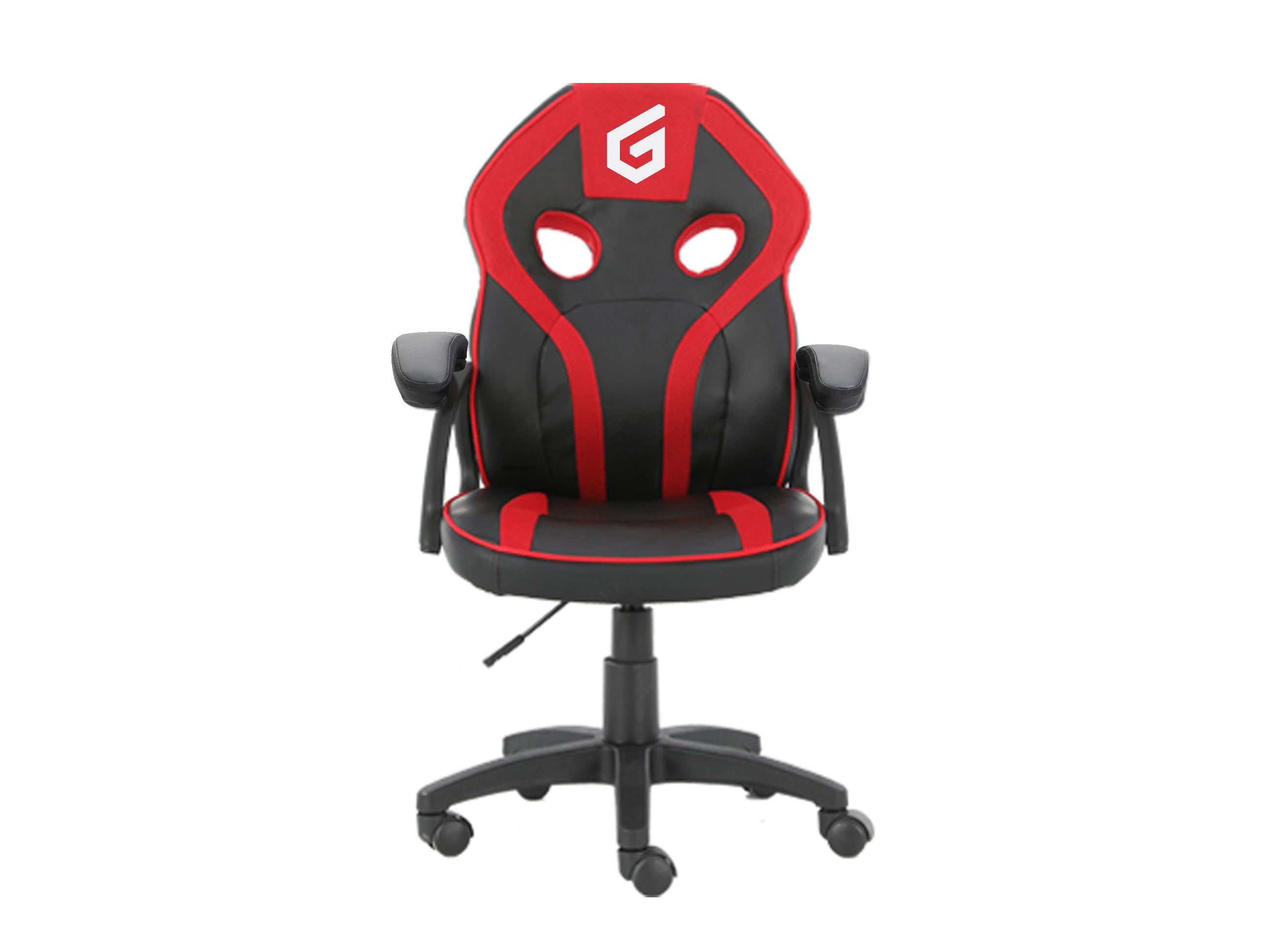 Una sedia da gaming nera e rossa con logo G sul poggiatesta.